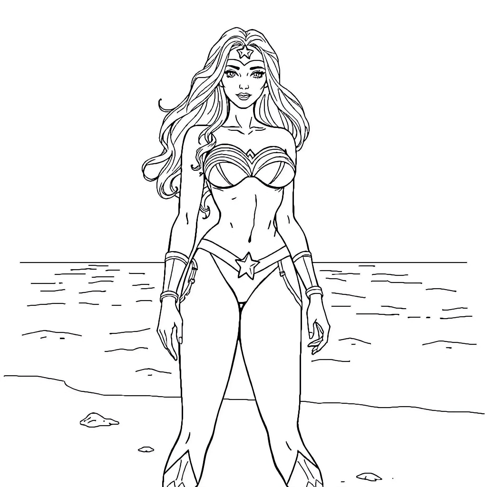 Wonder Woman Heroic Pose on the Beach Coloring Page (free black-and-white line drawing printable PDF for all, from beginners to advanced learners, including children, teens, adults, and seniors)