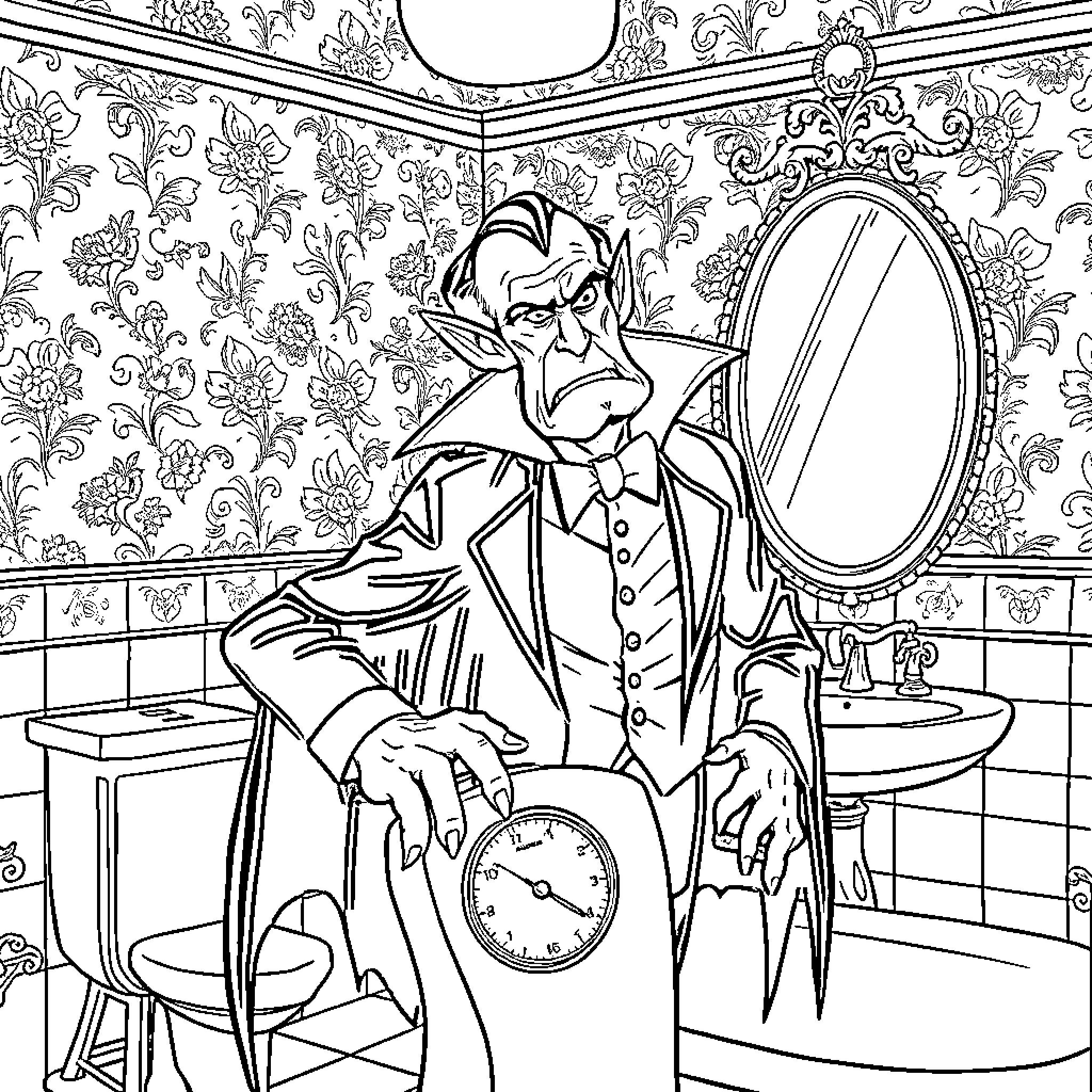 Dracula Prepares for the Night's Hunt Coloring Page (free black-and-white line drawing printable PDF for all, from beginners to advanced learners, including children, teens, adults, and seniors)