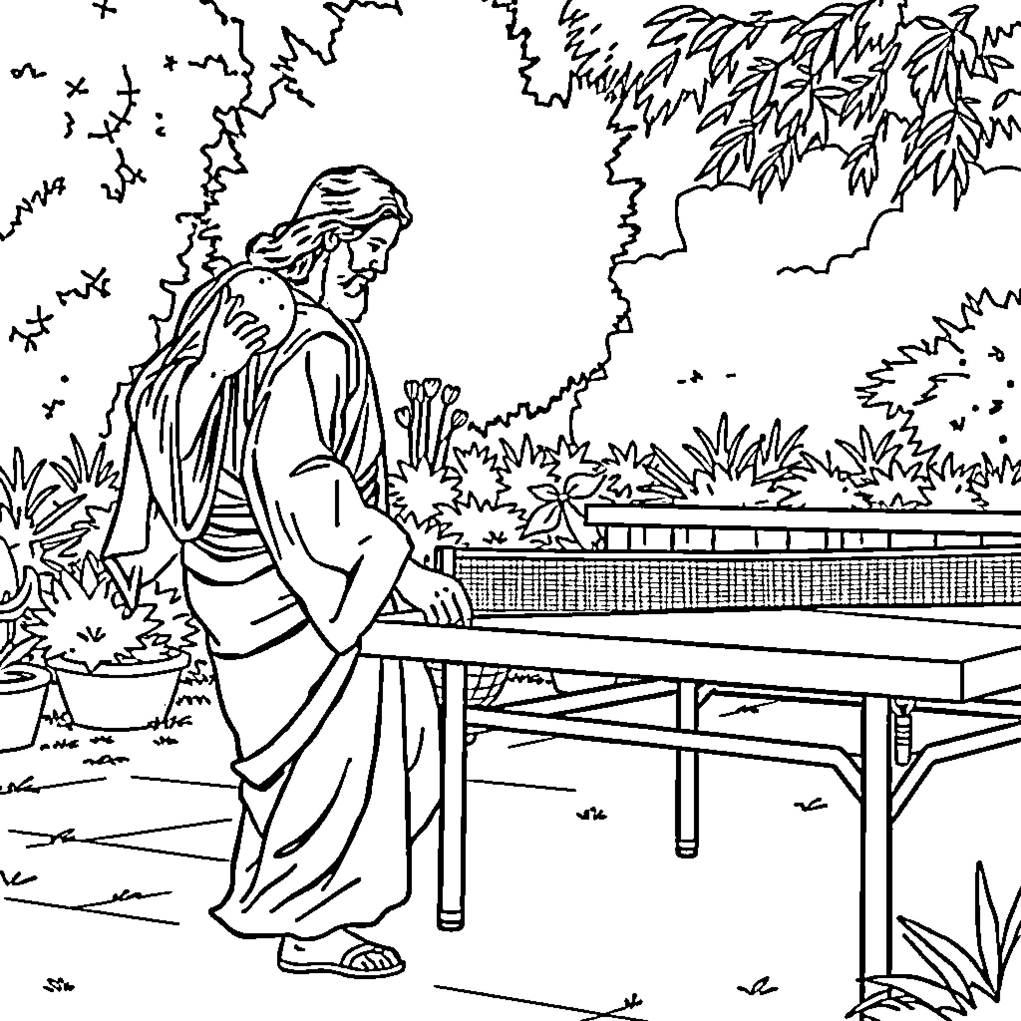 Jesus praying in the garden with nature Coloring Page (free black-and-white line drawing printable PDF for all, from beginners to advanced learners, including children, teens, adults, and seniors)