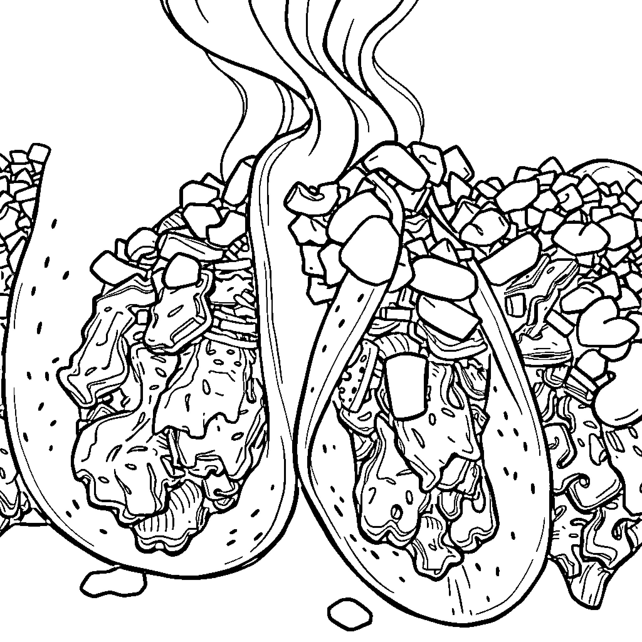 Taco with Vibrant Fillings Coloring Page (free black-and-white line drawing printable PDF for all, from beginners to advanced learners, including children, teens, adults, and seniors)