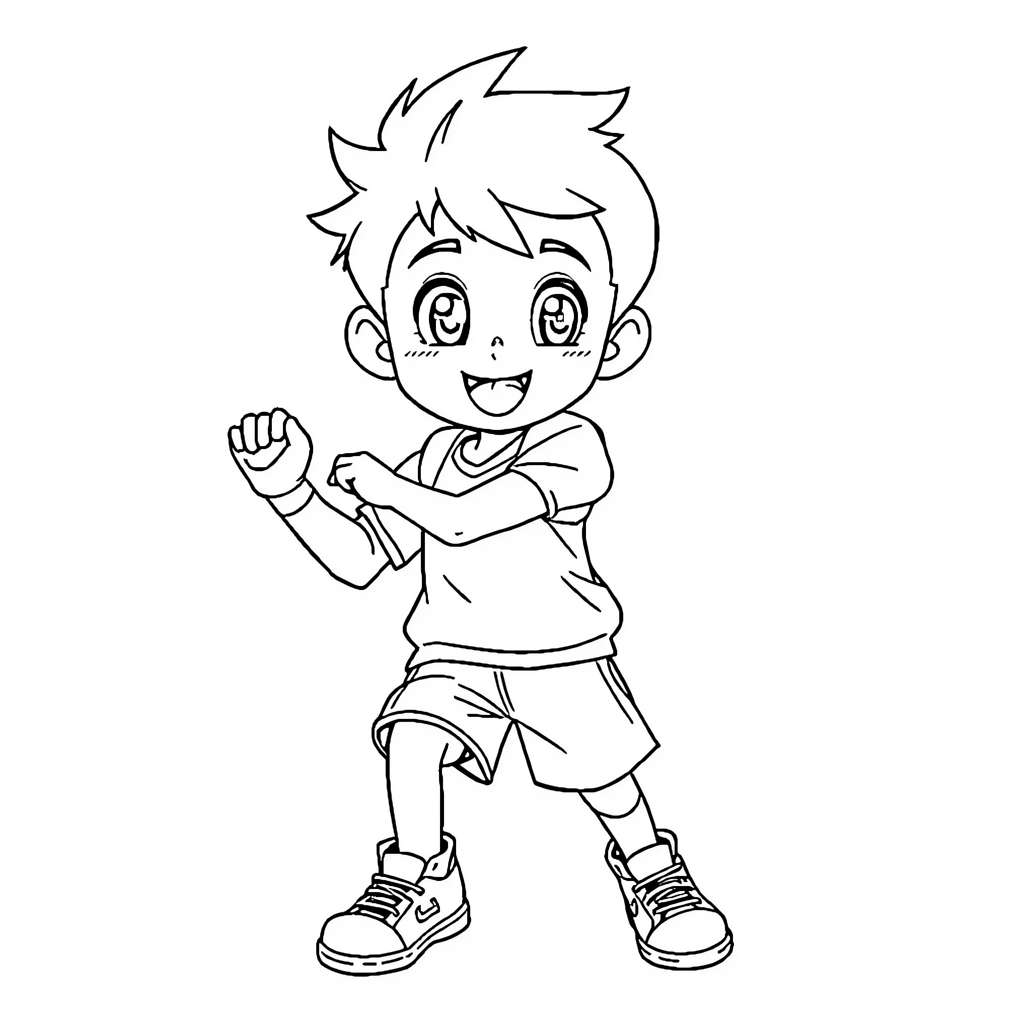 Anime Boy Expressing Cheerful Enthusiasm Coloring Page (free black-and-white line drawing printable PDF for all, from beginners to advanced learners, including children, teens, adults, and seniors)