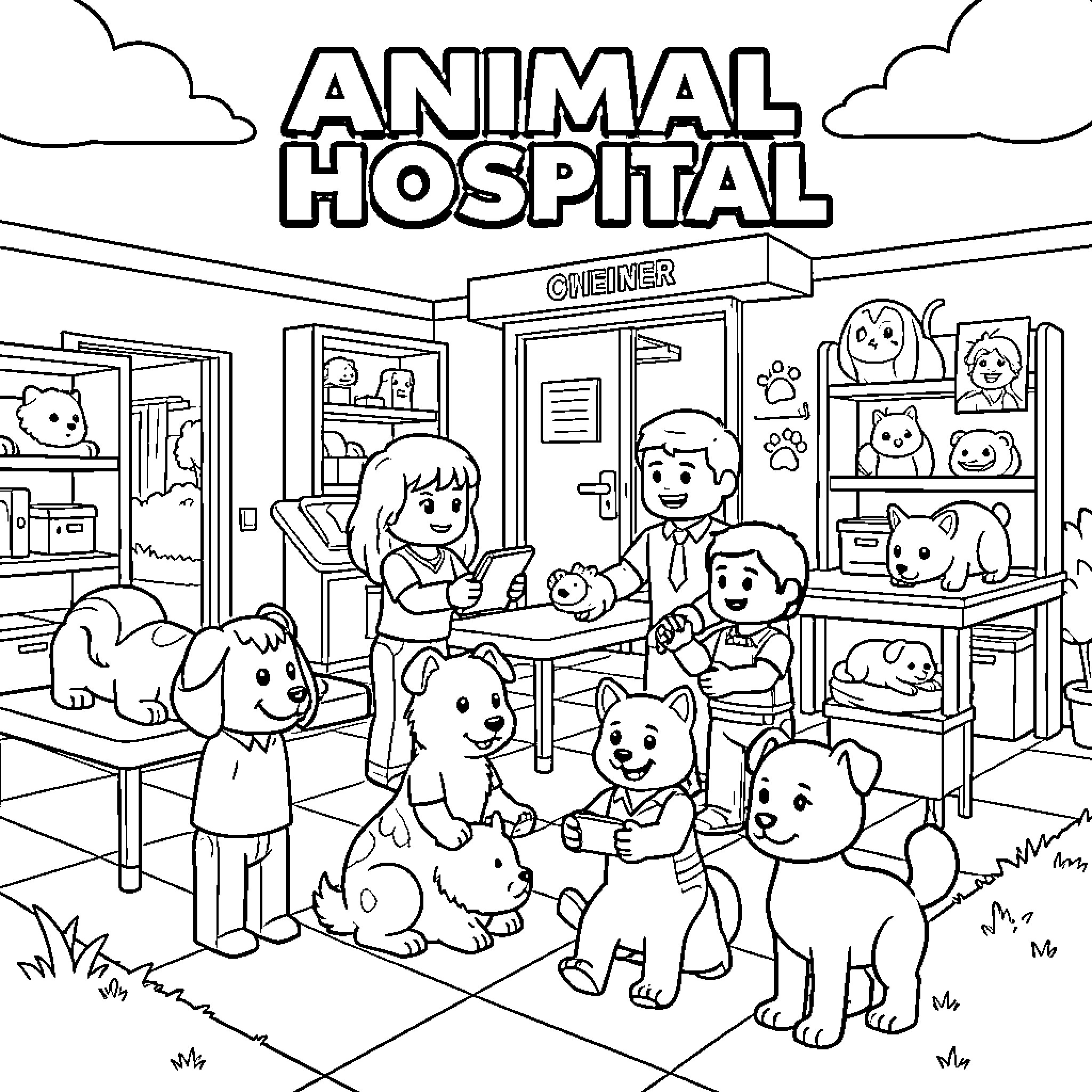 Animal Hospital with veterinarians caring for many cute pets Coloring Page (free black-and-white line drawing printable PDF for all, from beginners to advanced learners, including children, teens, adults, and seniors)