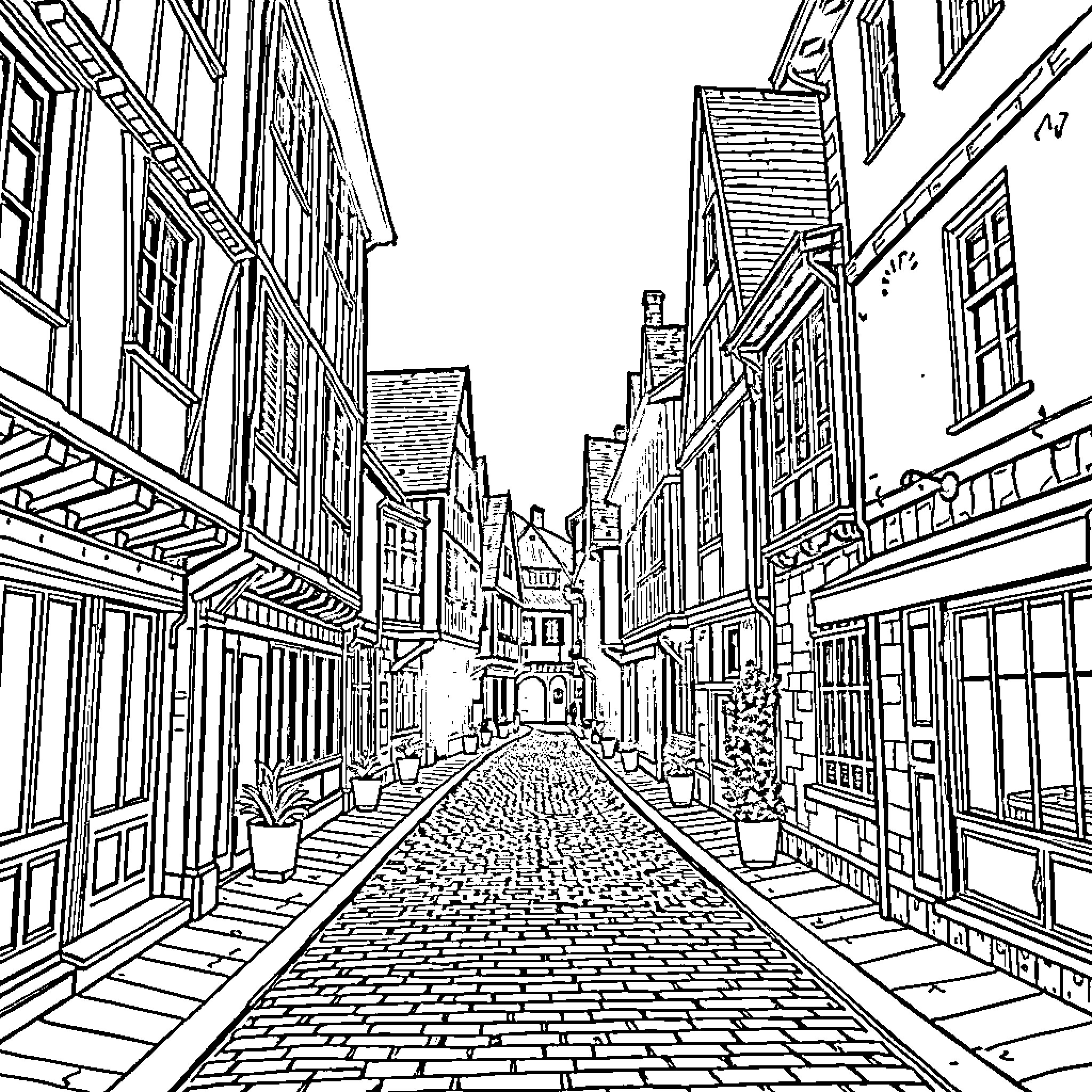 Street Bustling with Quaint Buildings and Cobblestone Path Coloring Page (free black-and-white line drawing printable PDF for all, from beginners to advanced learners, including children, teens, adults, and seniors)