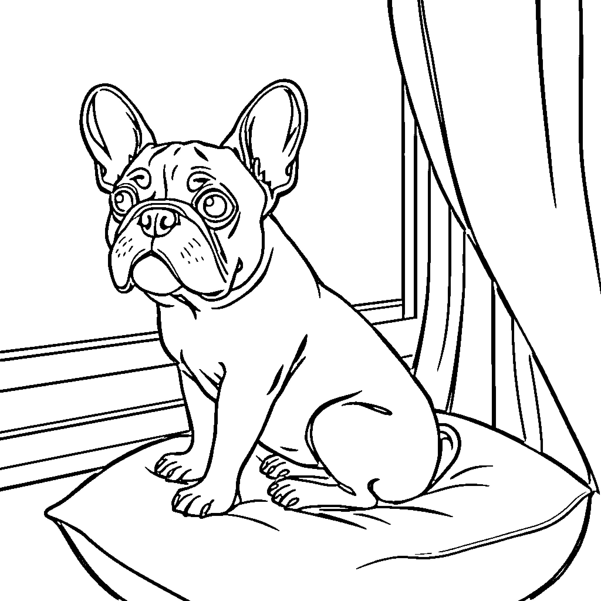Frenchie relaxing on a cushion Coloring Page (free black-and-white line drawing printable PDF for all, from beginners to advanced learners, including children, teens, adults, and seniors)
