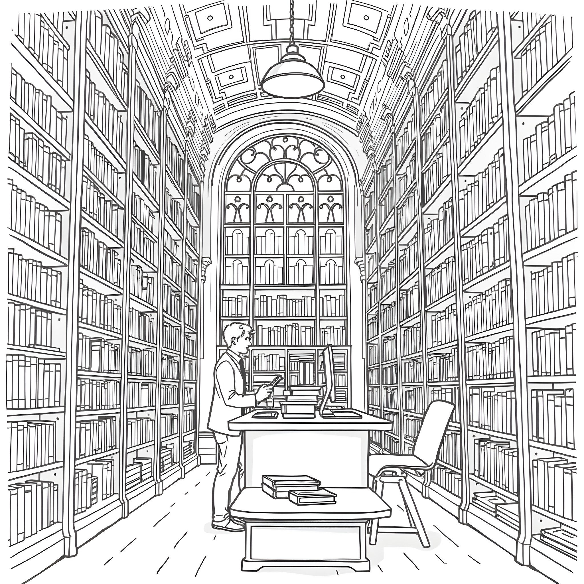 Library Assistant Working Diligently in the Study Hall Coloring Page (free black-and-white line drawing printable PDF for all, from beginners to advanced learners, including children, teens, adults, and seniors)