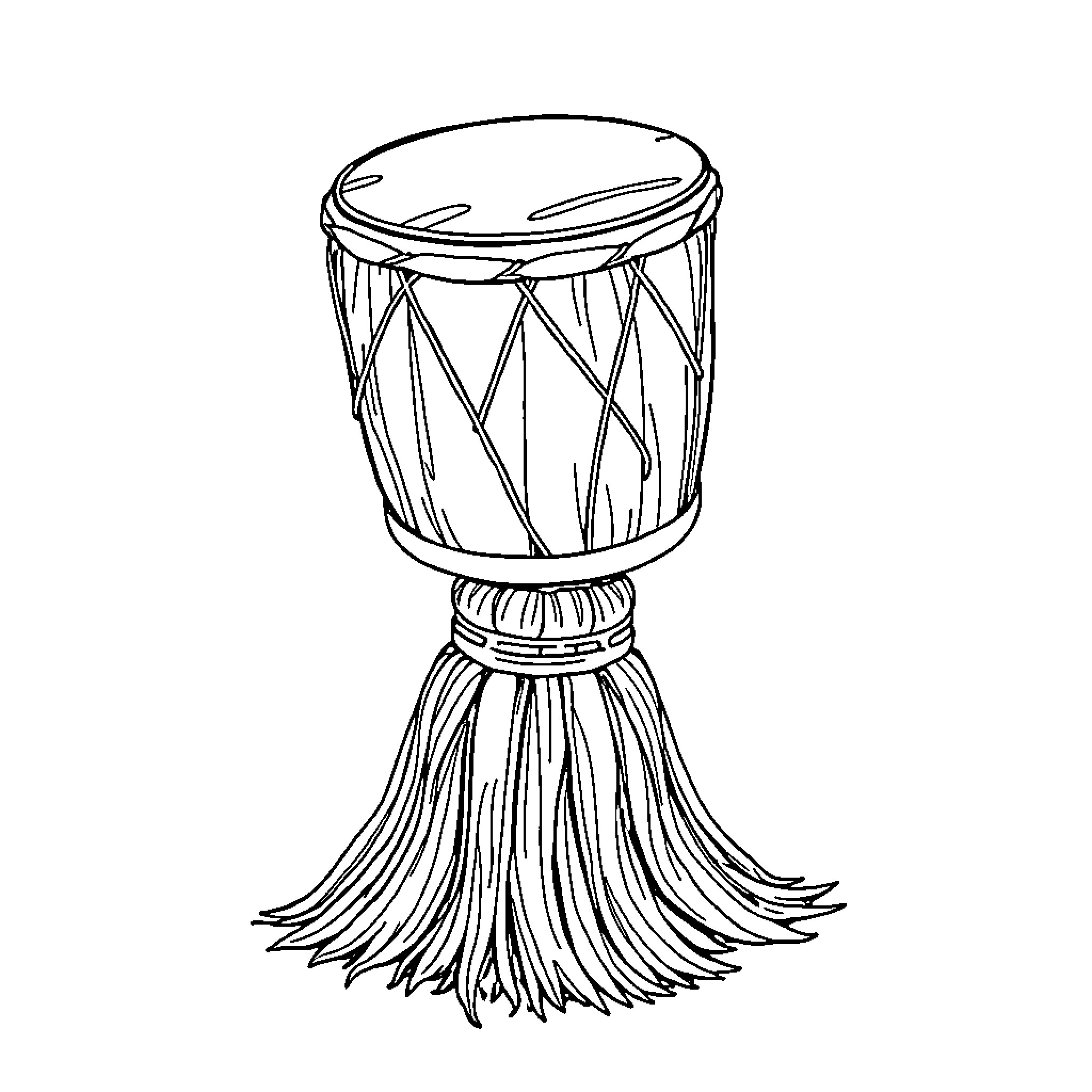 Drum with Intricate Designs and Tasseled Fringe Coloring Page (free black-and-white line drawing printable PDF for all, from beginners to advanced learners, including children, teens, adults, and seniors)
