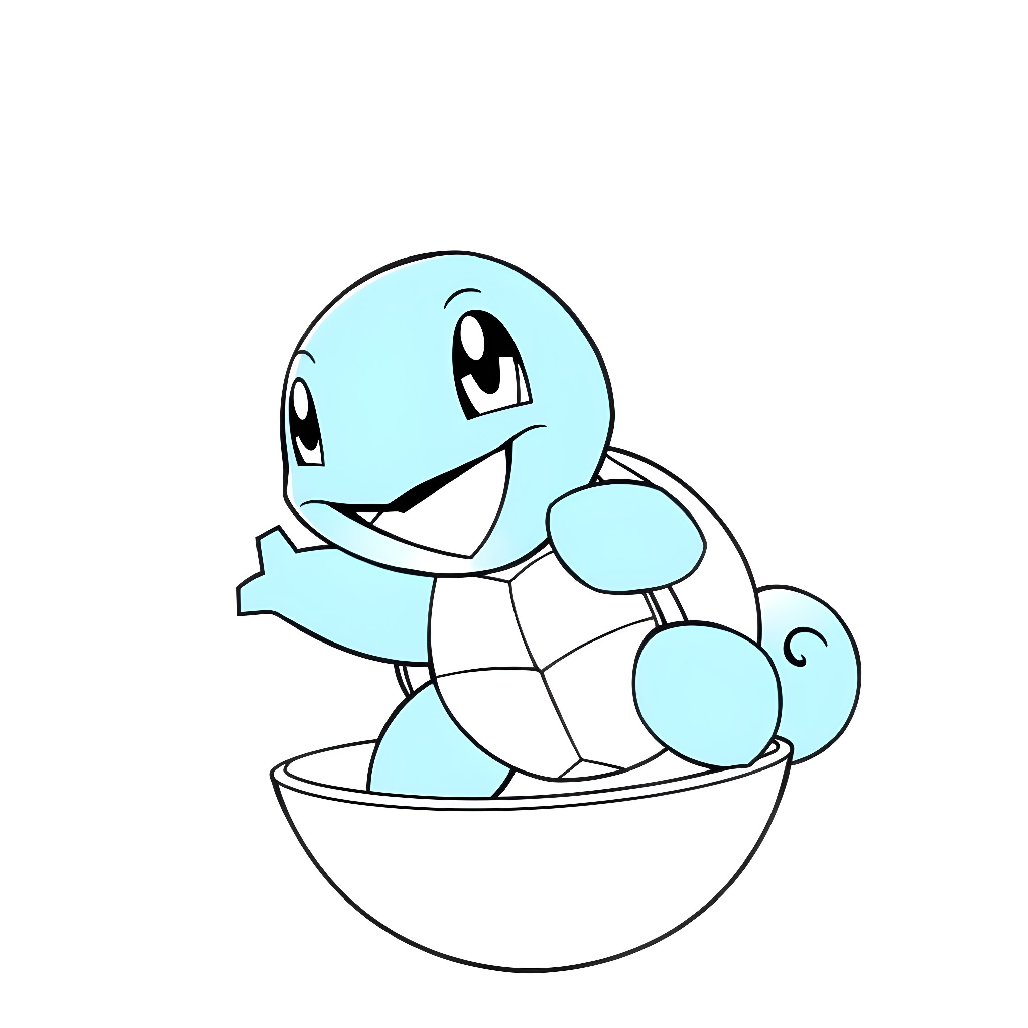 Squirtle happily splashing in water Coloring Page (free black-and-white line drawing printable PDF for all, from beginners to advanced learners, including children, teens, adults, and seniors)