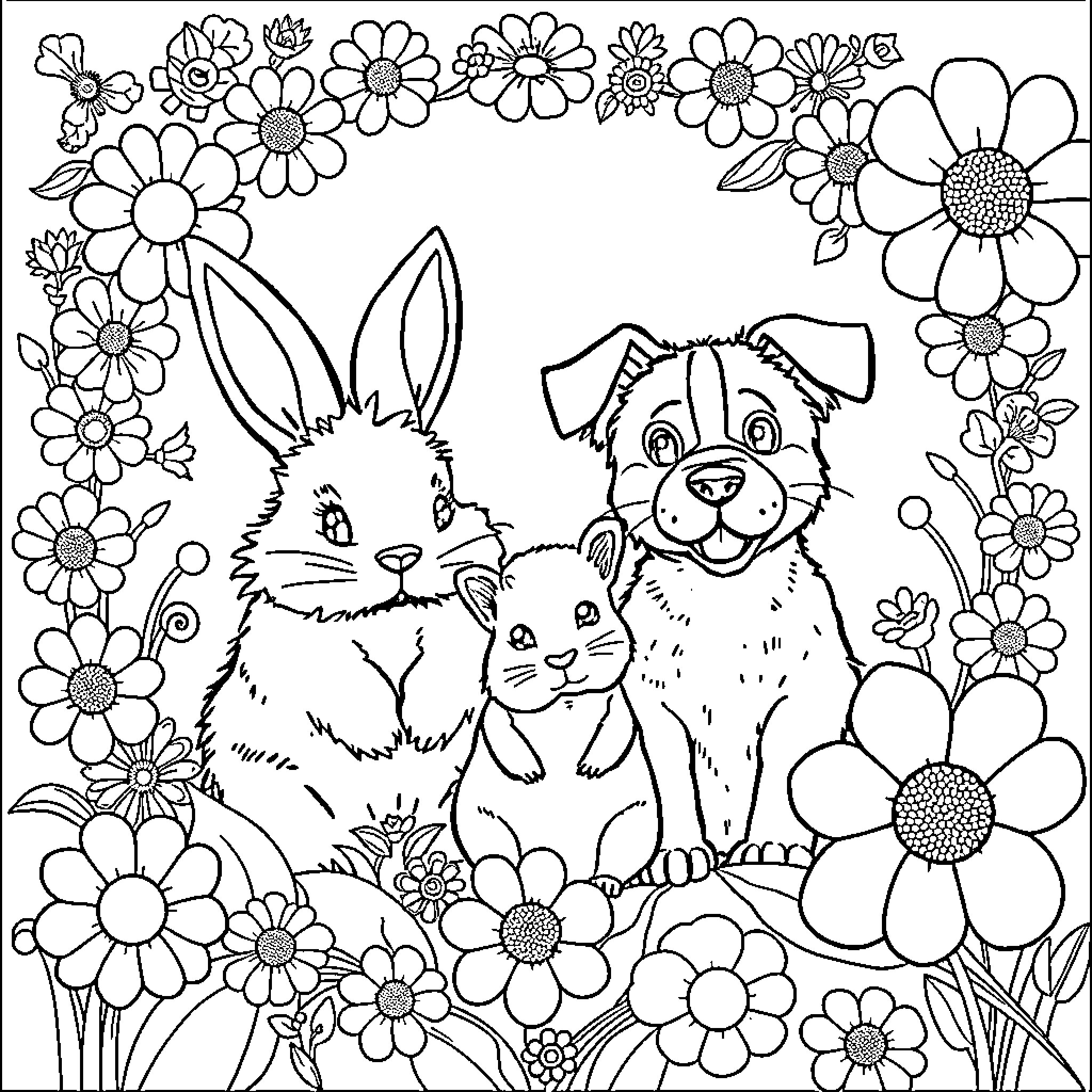 Animal friends surrounded by flowers Coloring Page (free black-and-white line drawing printable PDF for all, from beginners to advanced learners, including children, teens, adults, and seniors)