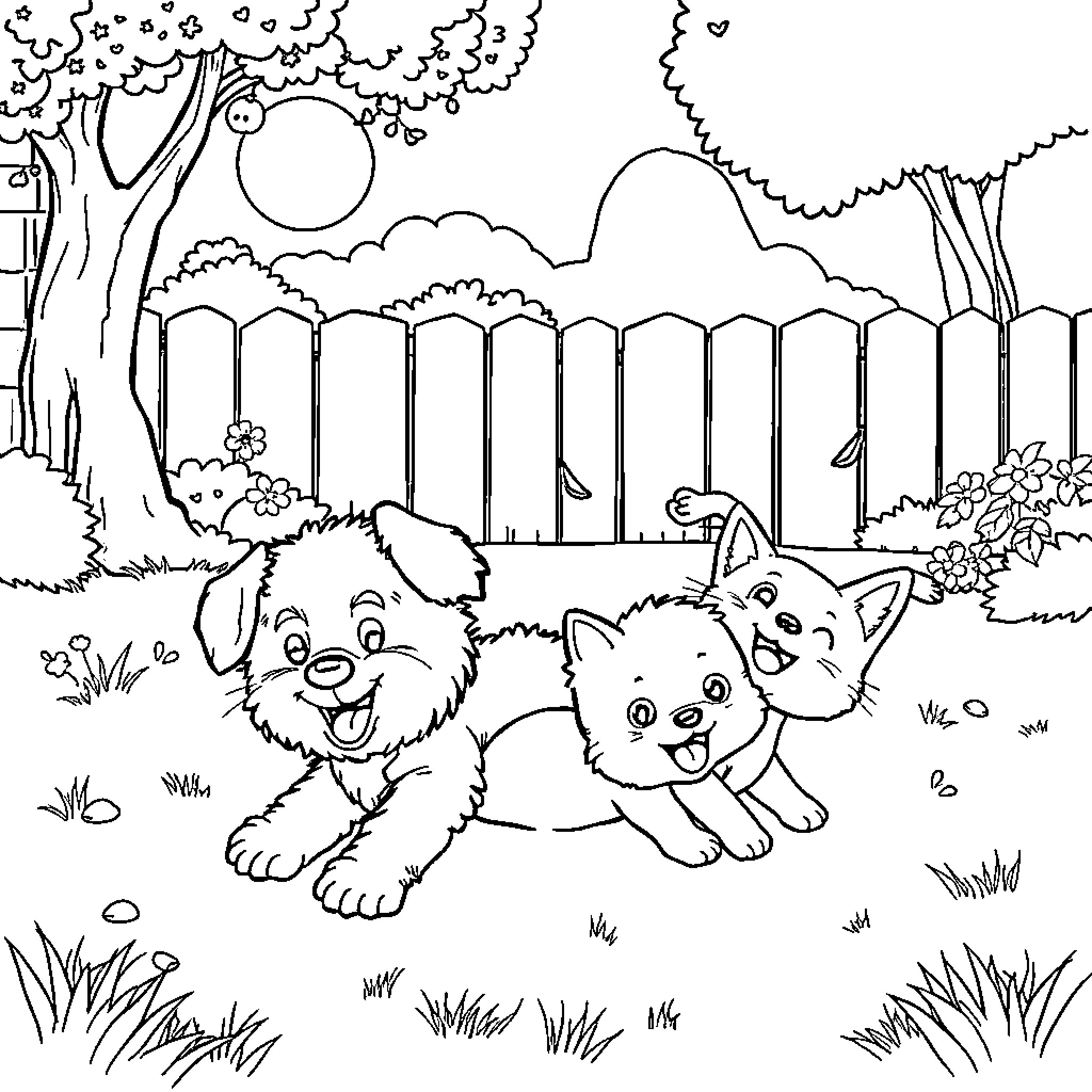Puppy friends playing in the garden Coloring Page (free black-and-white line drawing printable PDF for all, from beginners to advanced learners, including children, teens, adults, and seniors)