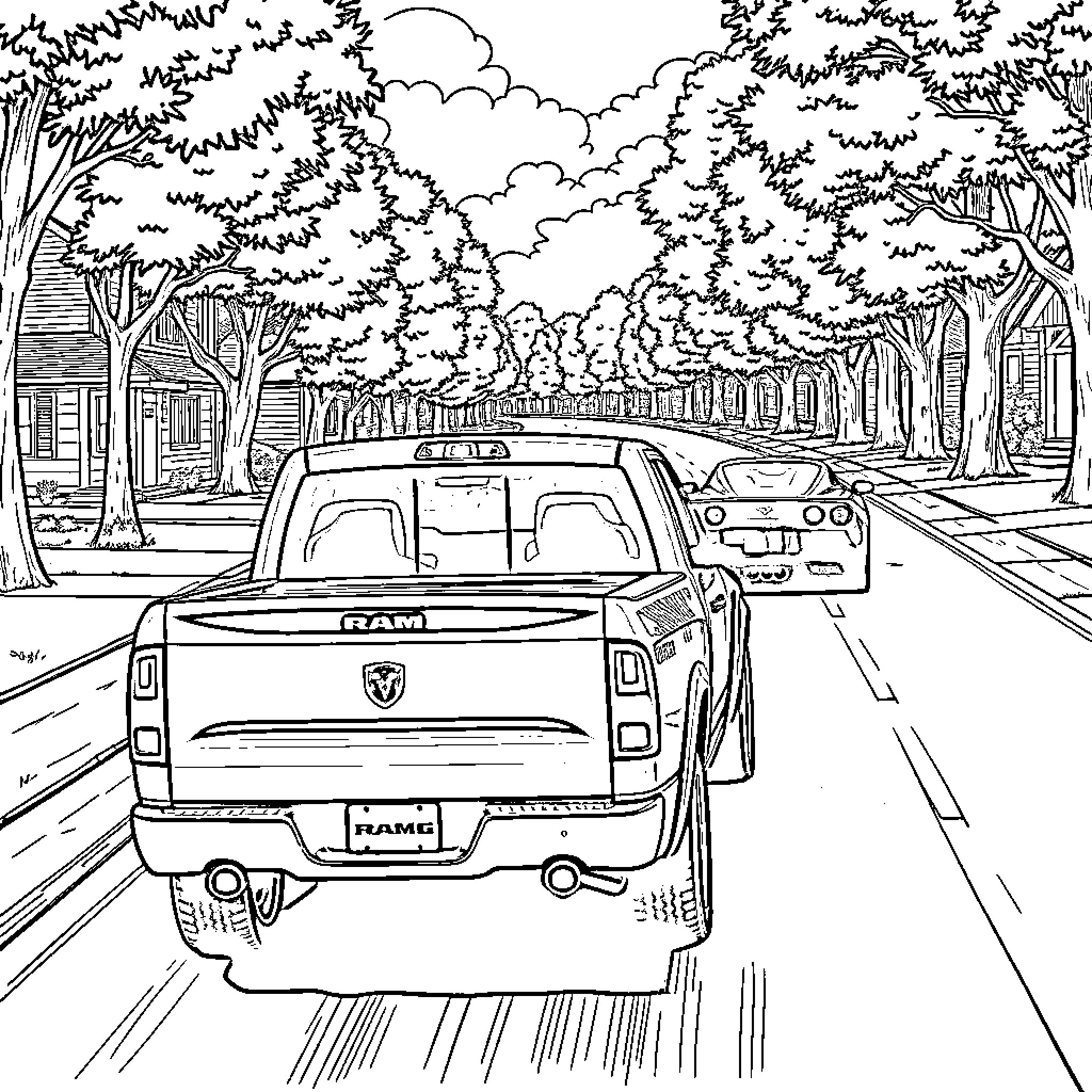 Dodge Ram towing down a suburban road Coloring Page (free black-and-white line drawing printable PDF for all, from beginners to advanced learners, including children, teens, adults, and seniors)