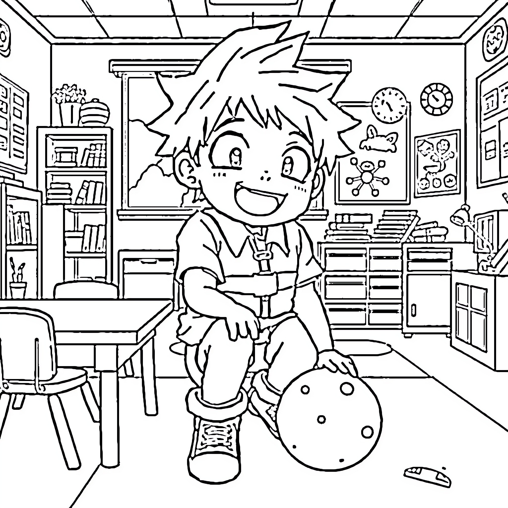 My Hero Academia: Boy in Classroom Setting Coloring Page (free black-and-white line drawing printable PDF for all, from beginners to advanced learners, including children, teens, adults, and seniors)