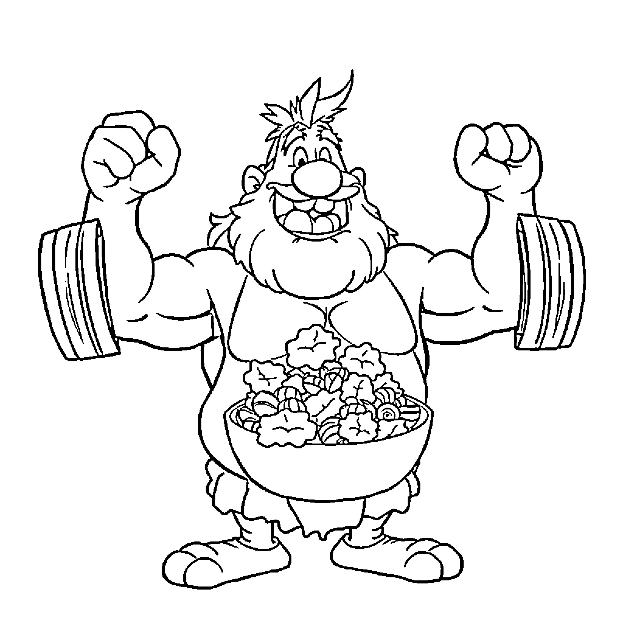 Obelix the Muscular Strongman with Cereal Bowl Coloring Page (free black-and-white line drawing printable PDF for all, from beginners to advanced learners, including children, teens, adults, and seniors)