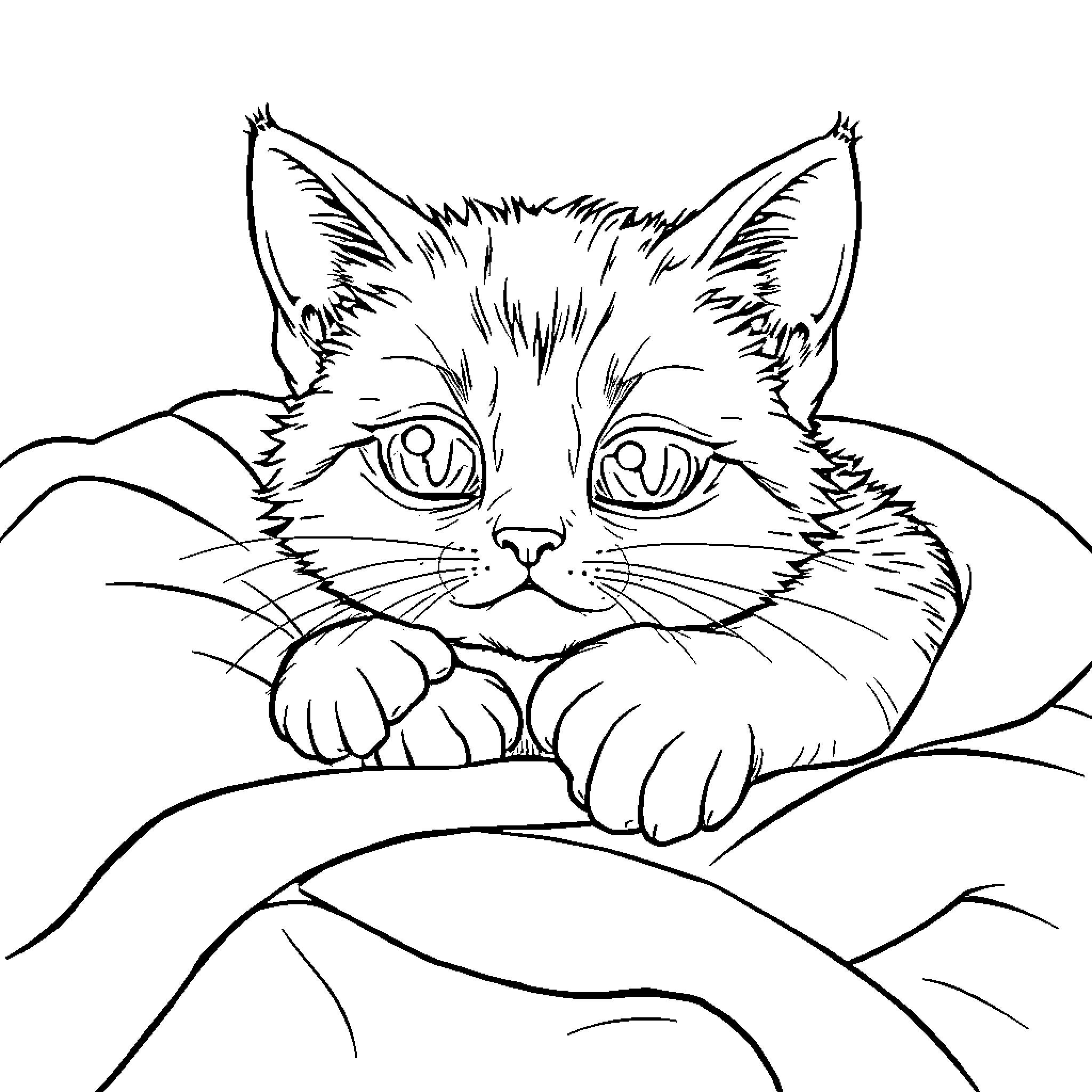 Cat resting peacefully in cozy bedding Coloring Page (free black-and-white line drawing printable PDF for all, from beginners to advanced learners, including children, teens, adults, and seniors)