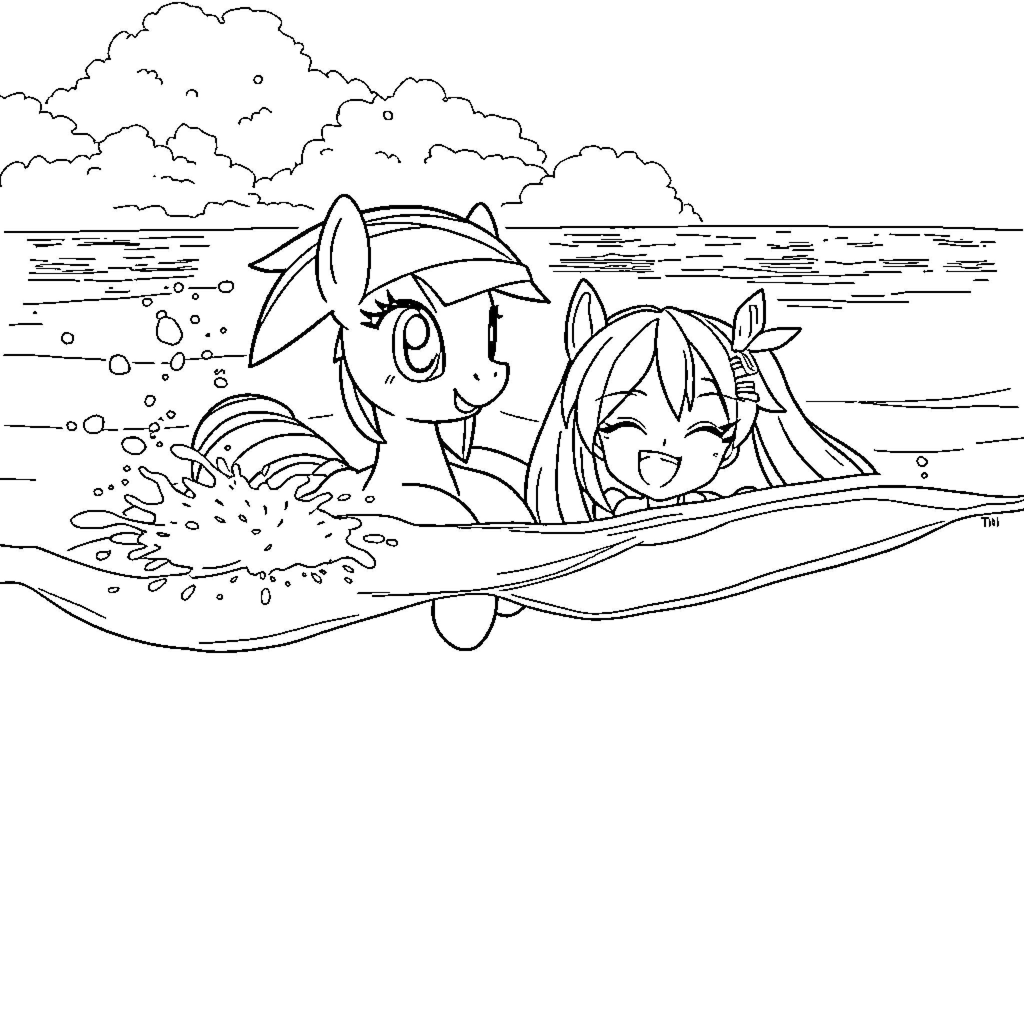 Rainbow Dash enjoying a relaxing day at the beach Coloring Page (free black-and-white line drawing printable PDF for all, from beginners to advanced learners, including children, teens, adults, and seniors)