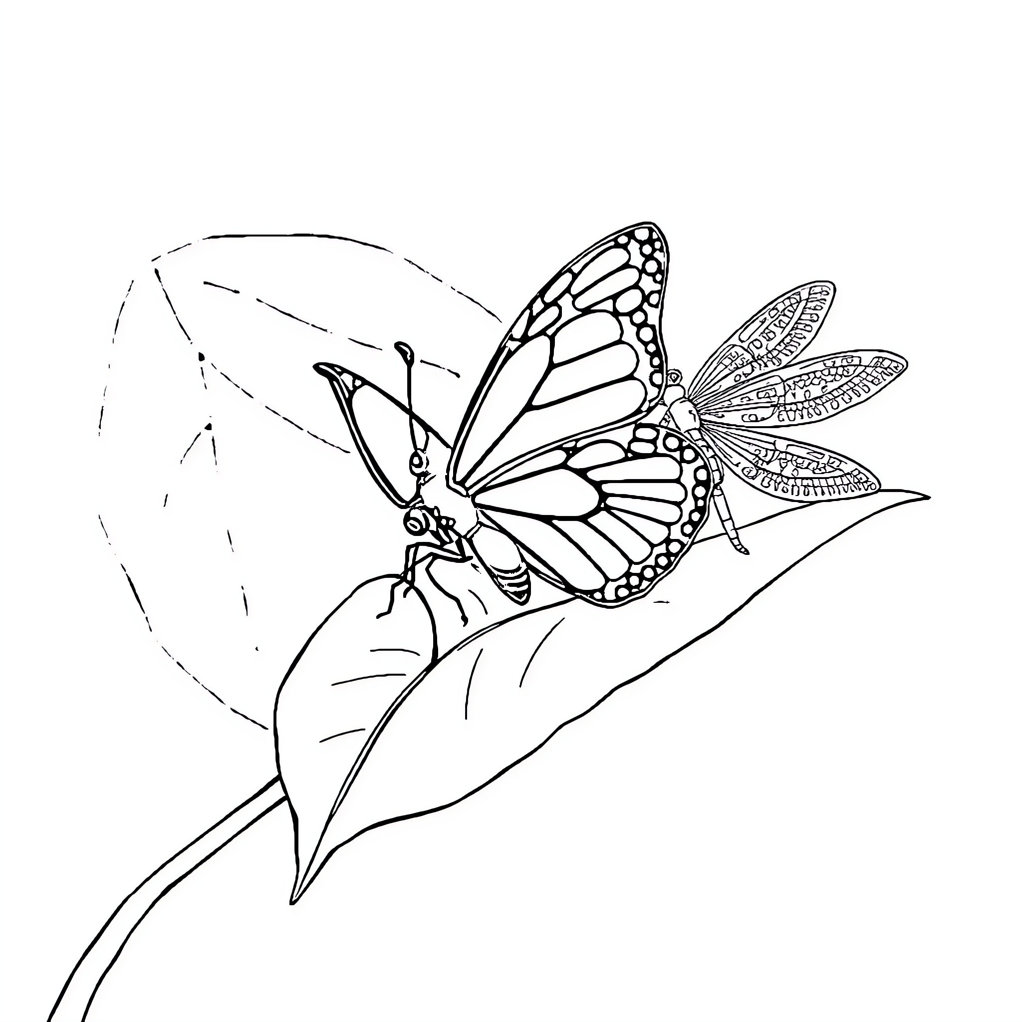 Butterfly resting on leaf Coloring Page (free black-and-white line drawing printable PDF for all, from beginners to advanced learners, including children, teens, adults, and seniors)