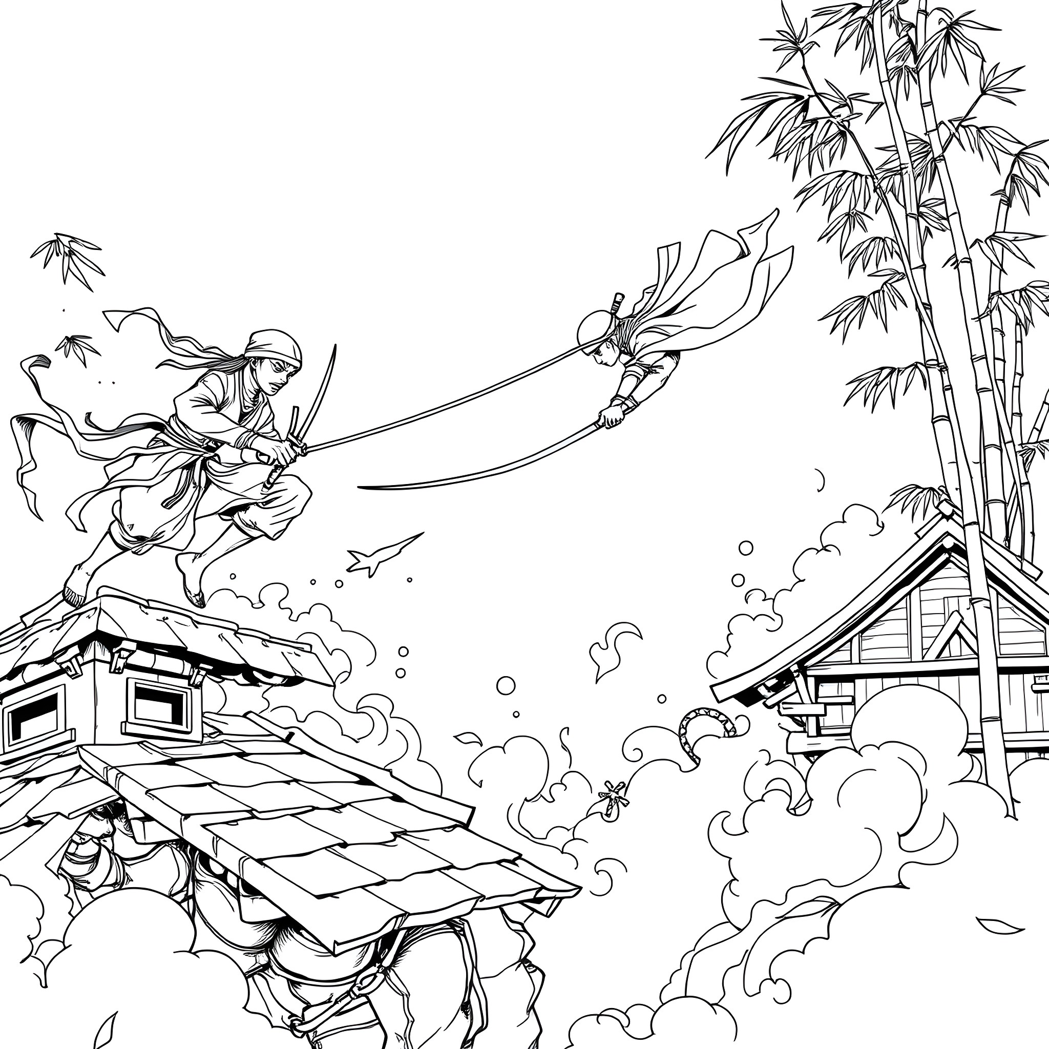 Ninjago warriors engaged in action-packed combat Coloring Page (free black-and-white line drawing printable PDF for all, from beginners to advanced learners, including children, teens, adults, and seniors)