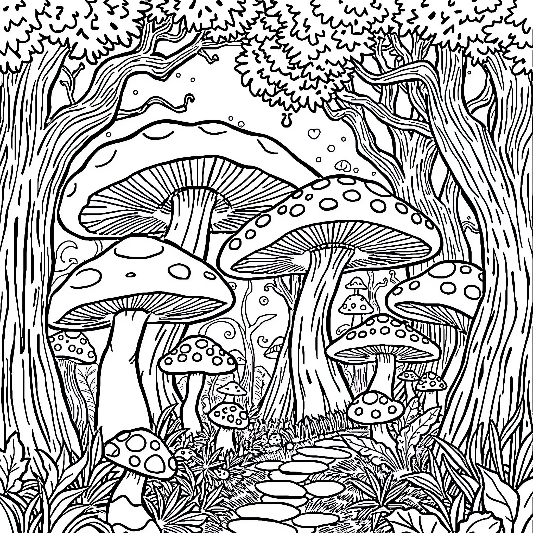 Forest Filled with Whimsical Mushrooms Coloring Page (free black-and-white line drawing printable PDF for all, from beginners to advanced learners, including children, teens, adults, and seniors)