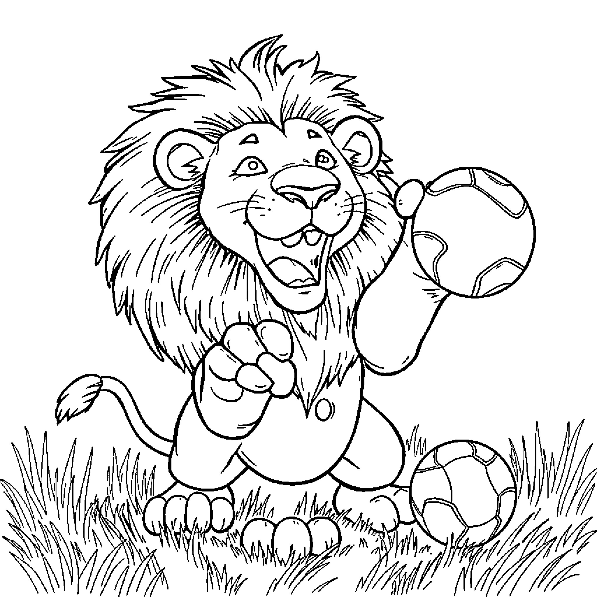 Lion playing with soccer ball in grassy field Coloring Page (free black-and-white line drawing printable PDF for all, from beginners to advanced learners, including children, teens, adults, and seniors)