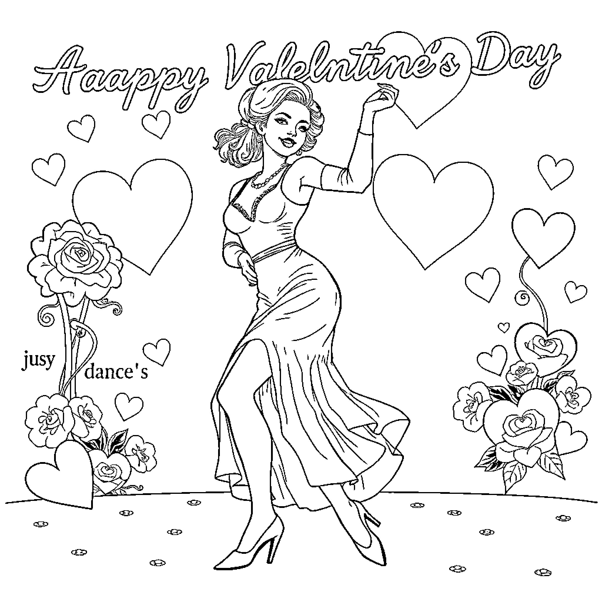 Jazz Dancer expressing joy on Valentine's Day Coloring Page (free black-and-white line drawing printable PDF for all, from beginners to advanced learners, including children, teens, adults, and seniors)