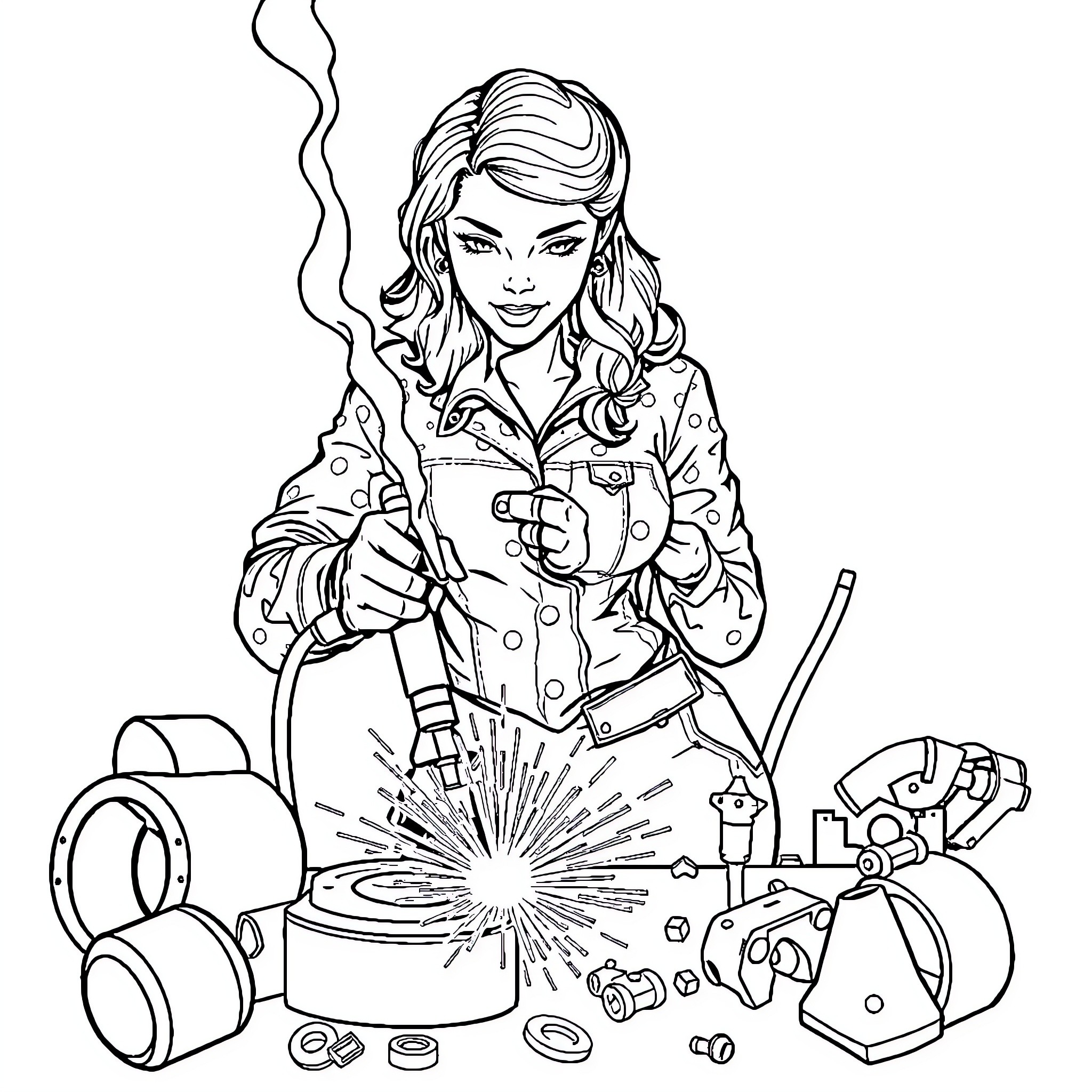 Welder working diligently with focused expression Coloring Page (free black-and-white line drawing printable PDF for all, from beginners to advanced learners, including children, teens, adults, and seniors)