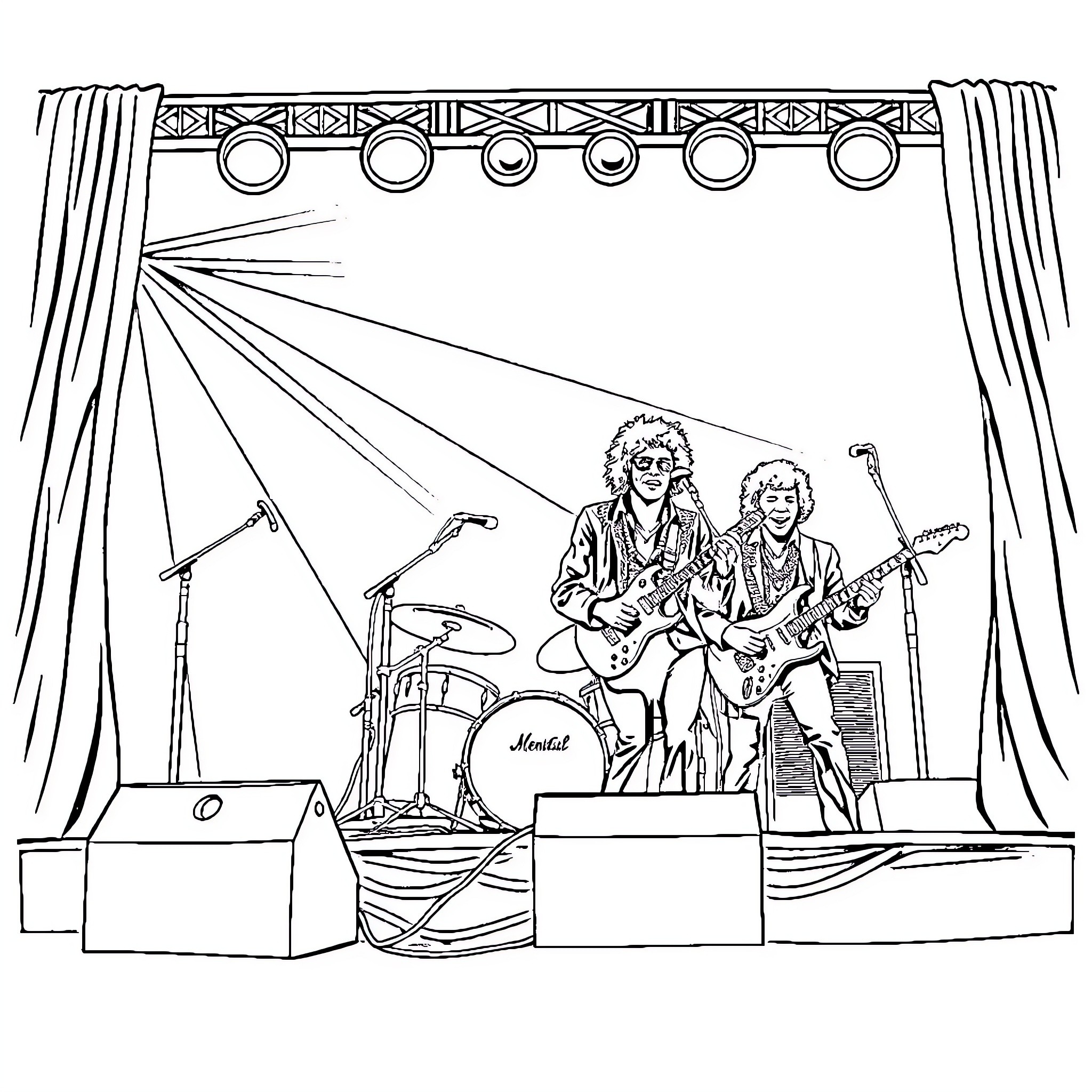 Hendrix Duo Perform on Stage Coloring Page (free black-and-white line drawing printable PDF for all, from beginners to advanced learners, including children, teens, adults, and seniors)
