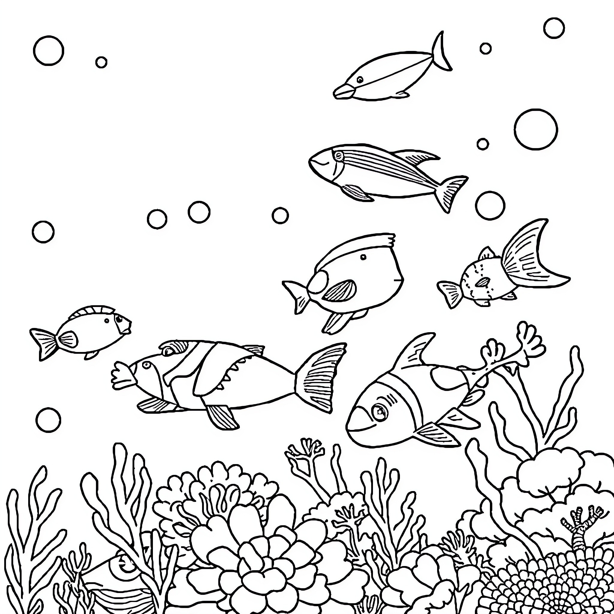Sea Animals swimming in the ocean Coloring Page (free black-and-white line drawing printable PDF for all, from beginners to advanced learners, including children, teens, adults, and seniors)