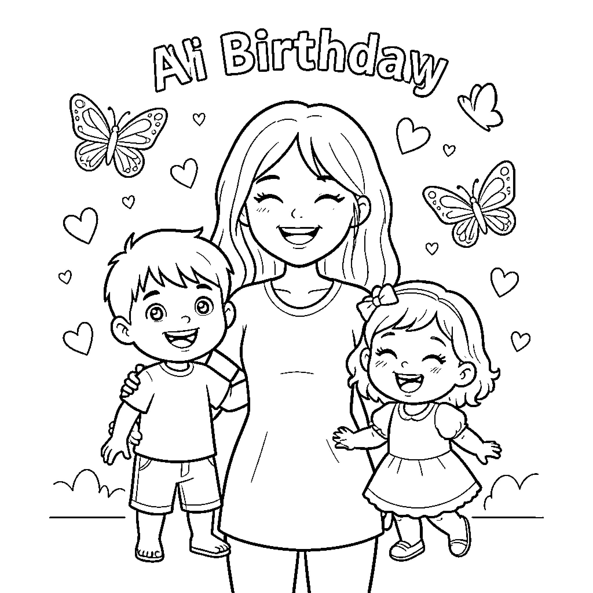Mom smiling happily with her two children Coloring Page (free black-and-white line drawing printable PDF for all, from beginners to advanced learners, including children, teens, adults, and seniors)