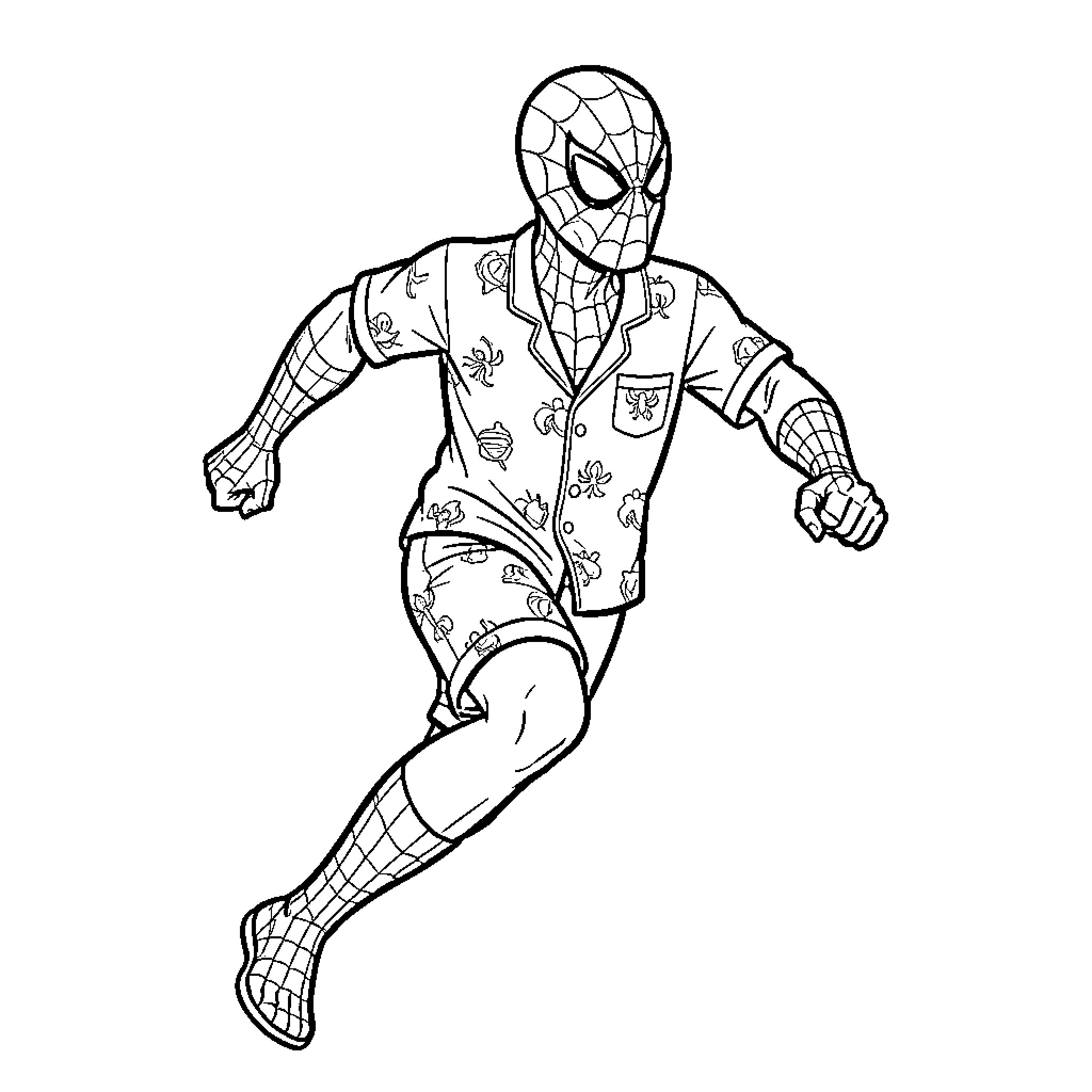 Spidey running dynamically in patterned summer outfit Coloring Page (free black-and-white line drawing printable PDF for all, from beginners to advanced learners, including children, teens, adults, and seniors)