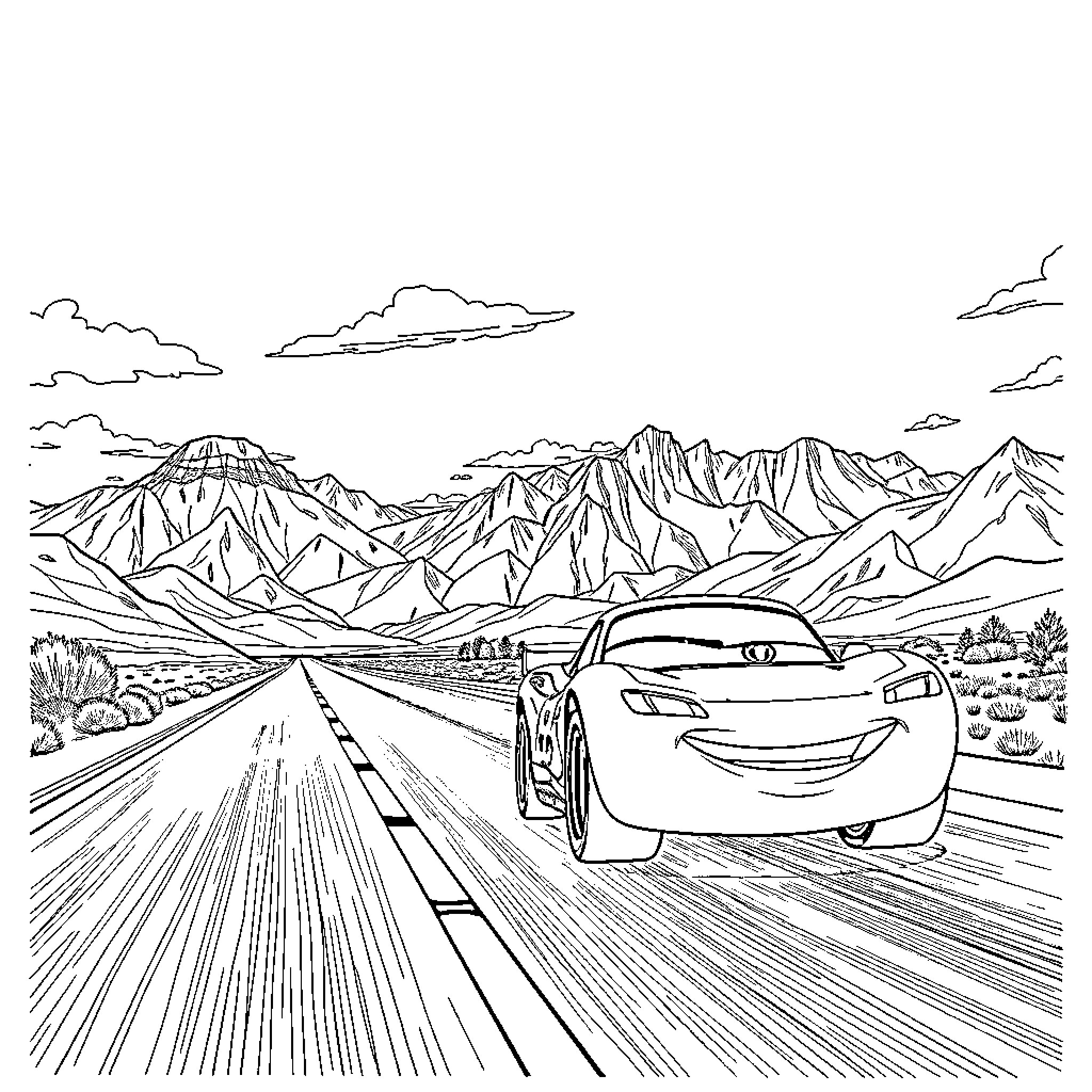 Lightning McQueen speeding down the open road through the mountains Coloring Page (free black-and-white line drawing printable PDF for all, from beginners to advanced learners, including children, teens, adults, and seniors)