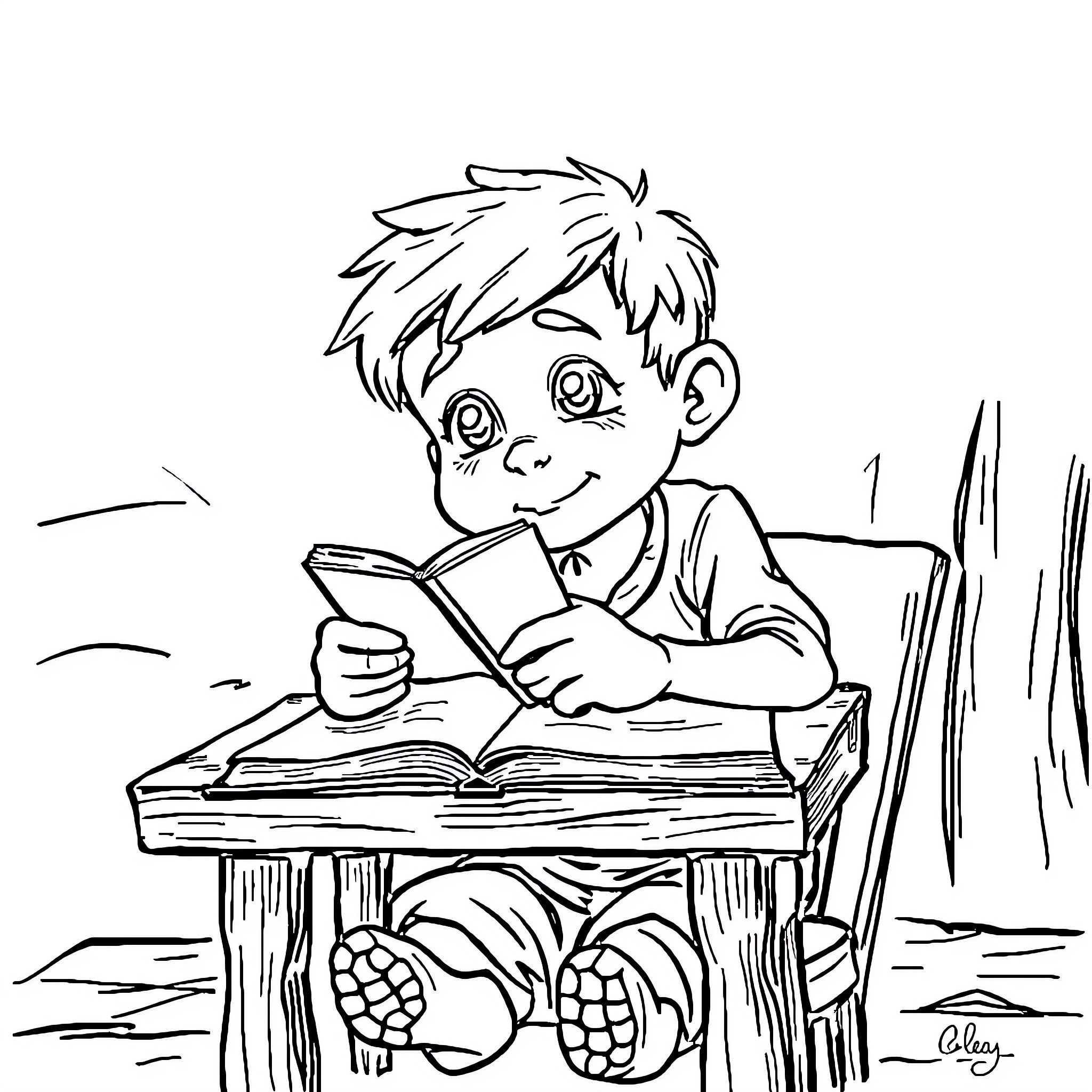 Boy deeply engrossed in reading a book Coloring Page (free black-and-white line drawing printable PDF for all, from beginners to advanced learners, including children, teens, adults, and seniors)