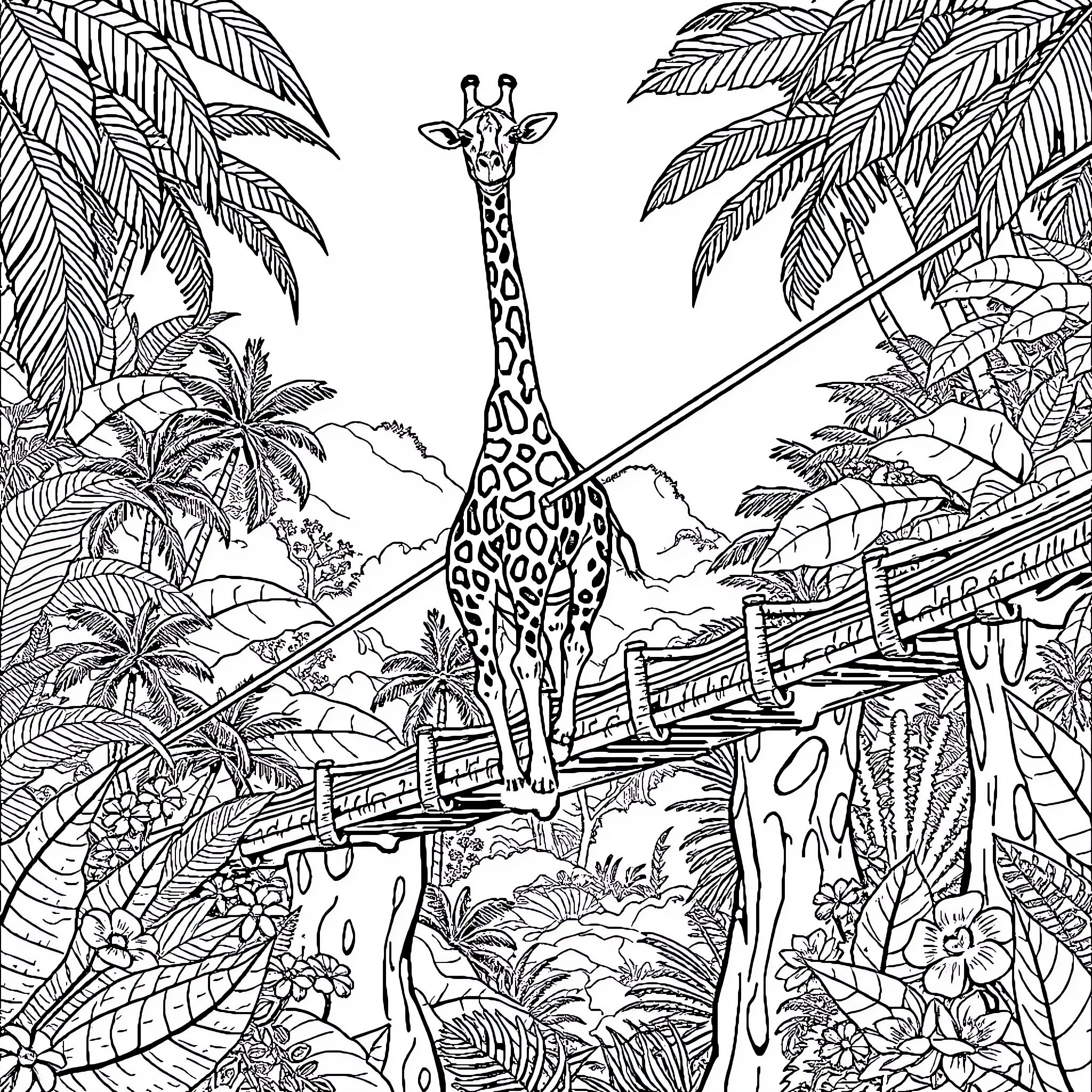 Giraffe in a vibrant jungle setting Coloring Page (free black-and-white line drawing printable PDF for all, from beginners to advanced learners, including children, teens, adults, and seniors)