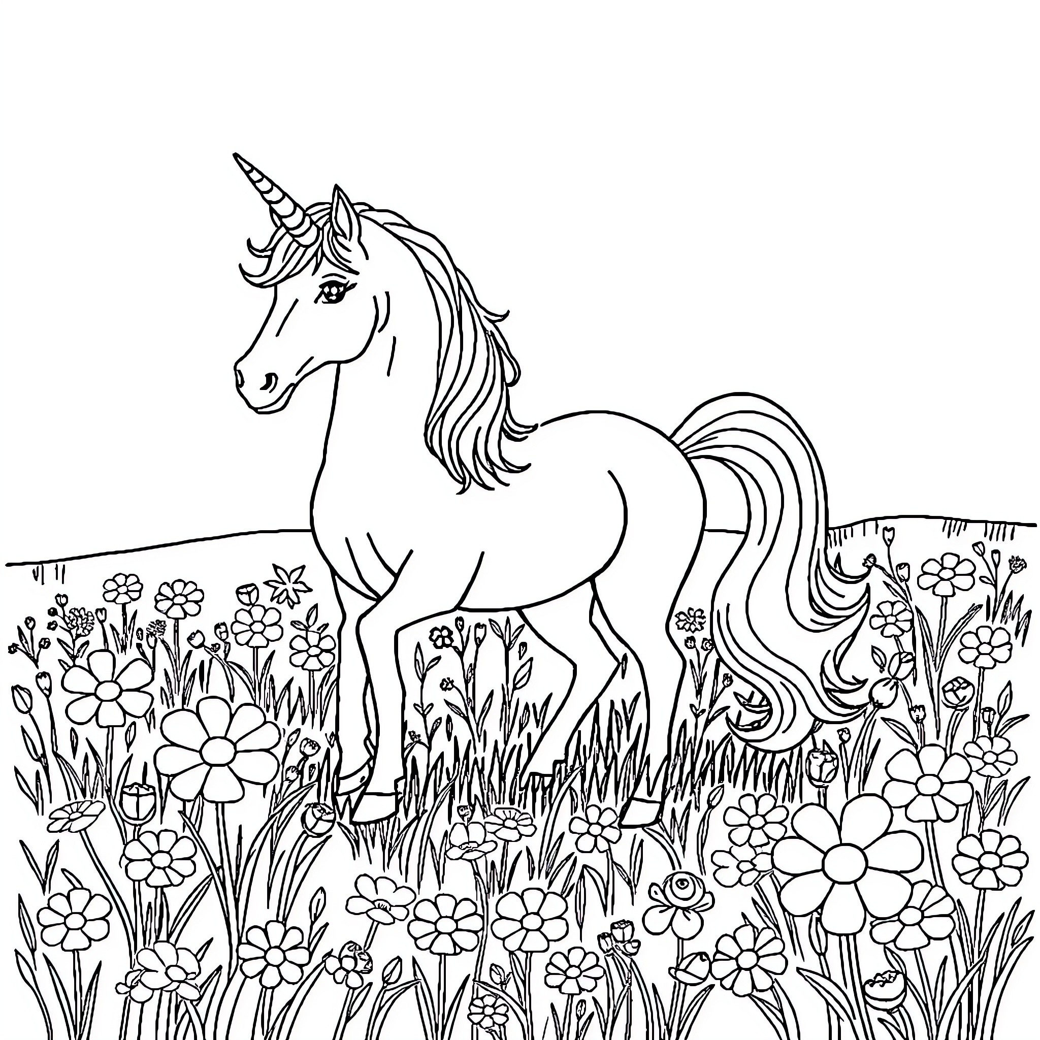 Unicorn standing amidst a field of colorful flowers Coloring Page (free black-and-white line drawing printable PDF for all, from beginners to advanced learners, including children, teens, adults, and seniors)