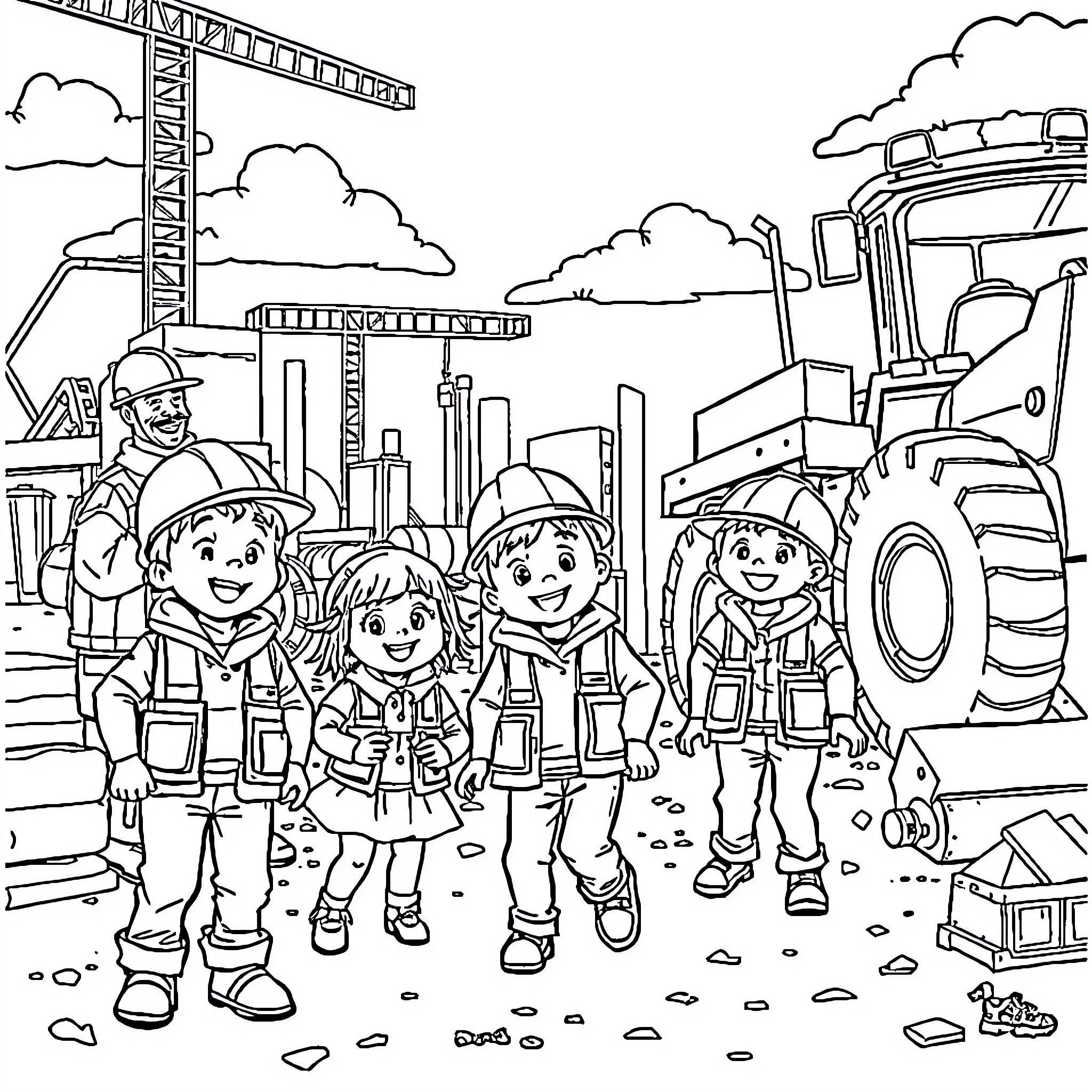 Children exploring a construction site Coloring Page (free black-and-white line drawing printable PDF for all, from beginners to advanced learners, including children, teens, adults, and seniors)