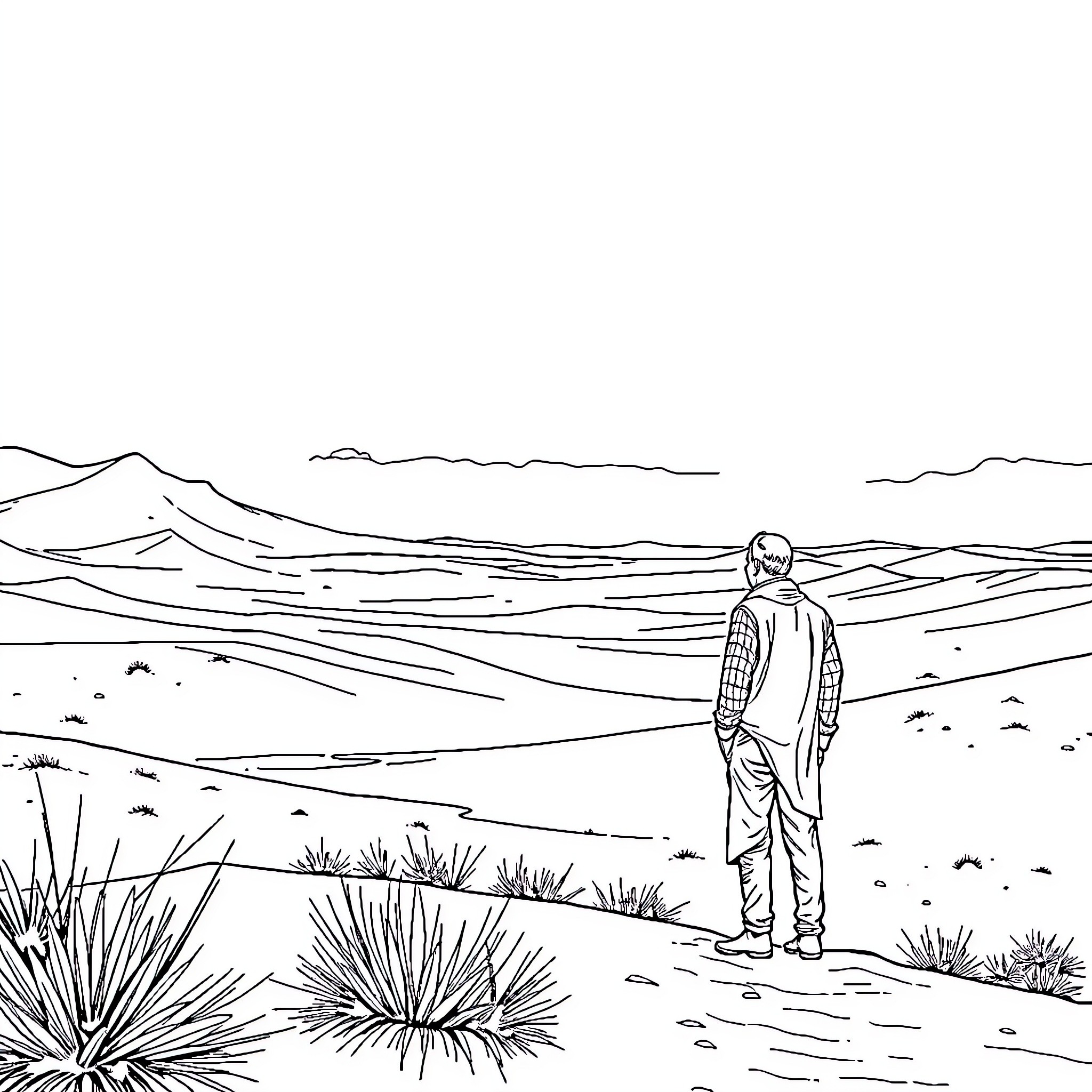 Man standing alone in remote desert landscape Coloring Page (free black-and-white line drawing printable PDF for all, from beginners to advanced learners, including children, teens, adults, and seniors)