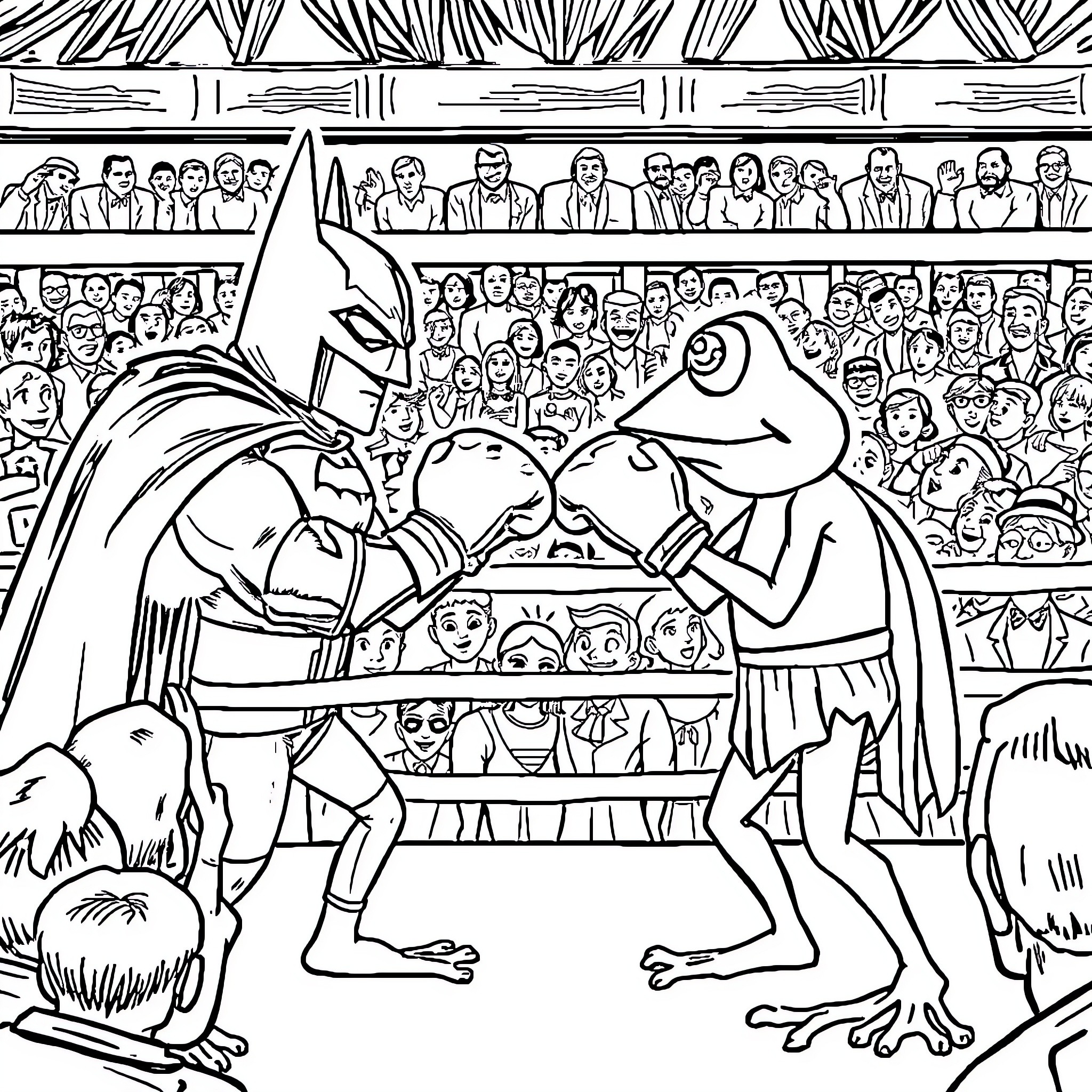 Pepe the Frog performing wrestling match in front of cheering crowd Coloring Page (free black-and-white line drawing printable PDF for all, from beginners to advanced learners, including children, teens, adults, and seniors)