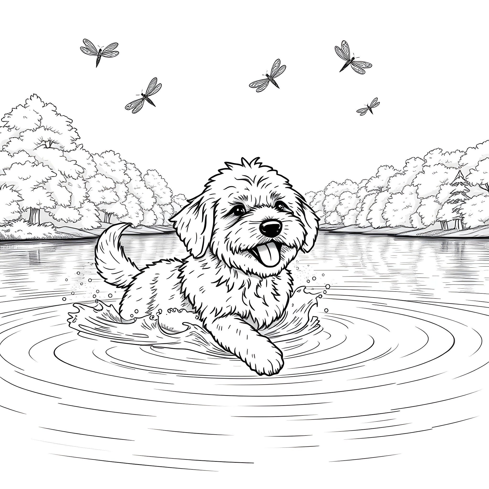 Doodle of a playful puppy frolicking in the water Coloring Page (free black-and-white line drawing printable PDF for all, from beginners to advanced learners, including children, teens, adults, and seniors)