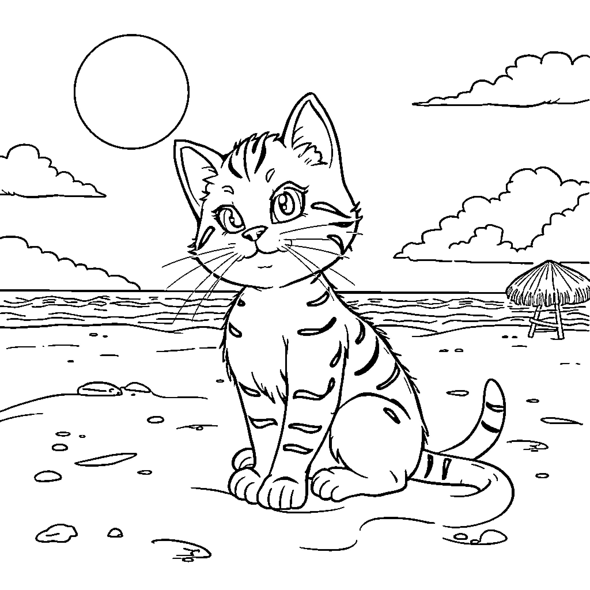 Kitty gazing at the beach landscape Coloring Page (free black-and-white line drawing printable PDF for all, from beginners to advanced learners, including children, teens, adults, and seniors)