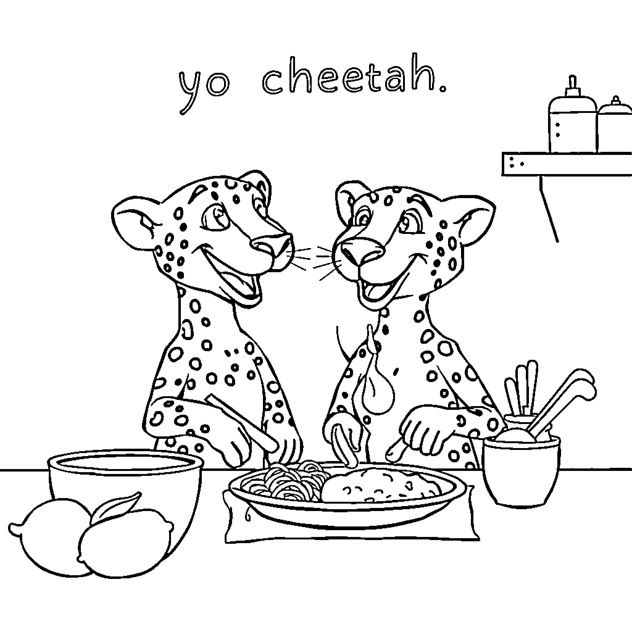 Cheetahs enjoying a meal together Coloring Page (free black-and-white line drawing printable PDF for all, from beginners to advanced learners, including children, teens, adults, and seniors)