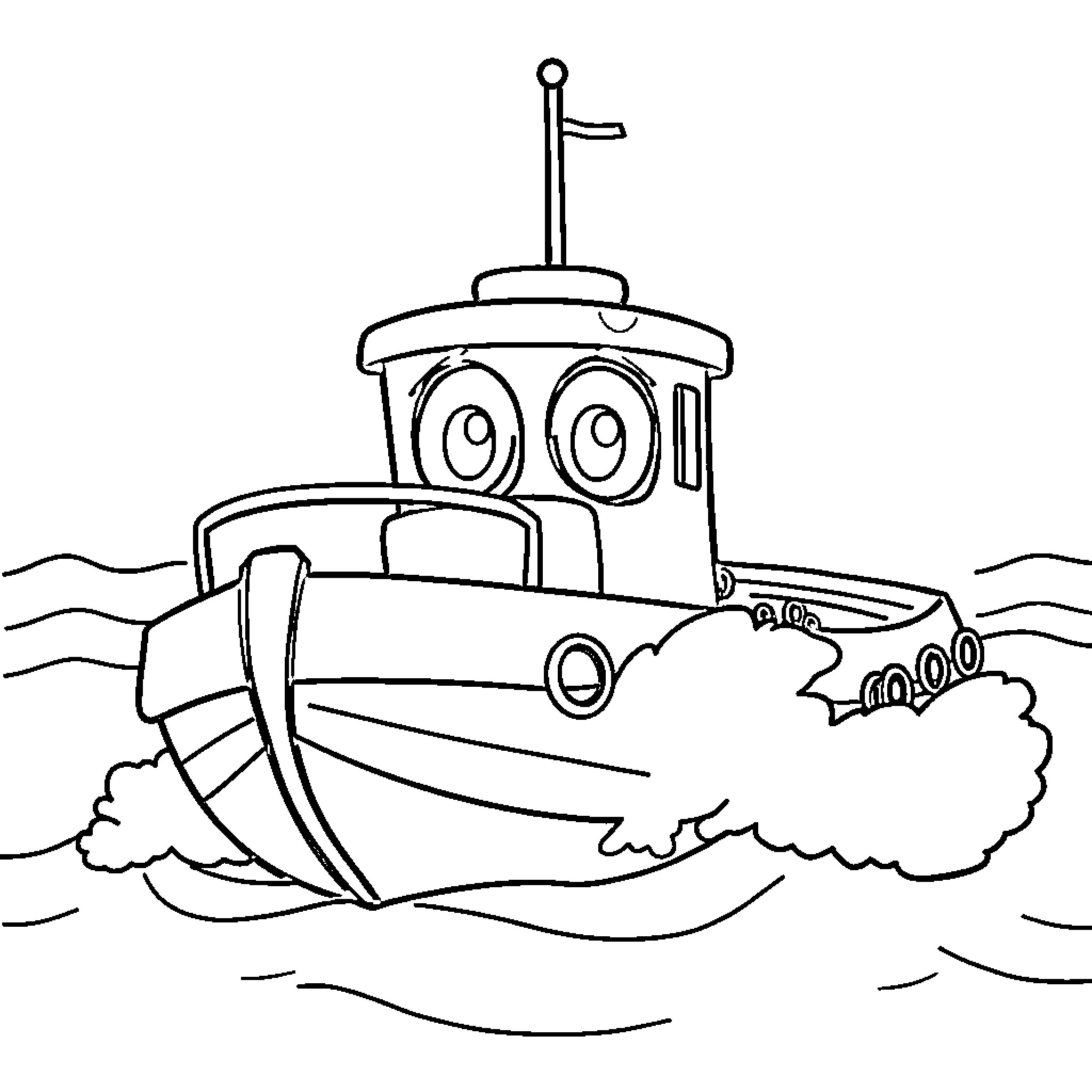 Tugboat carrying cargo on the open sea Coloring Page (free black-and-white line drawing printable PDF for all, from beginners to advanced learners, including children, teens, adults, and seniors)