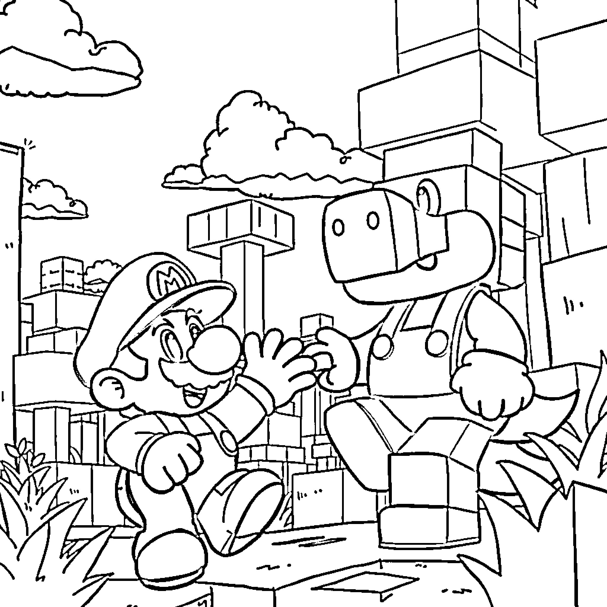 Character on a city adventure with robot companion Coloring Page (free black-and-white line drawing printable PDF for all, from beginners to advanced learners, including children, teens, adults, and seniors)
