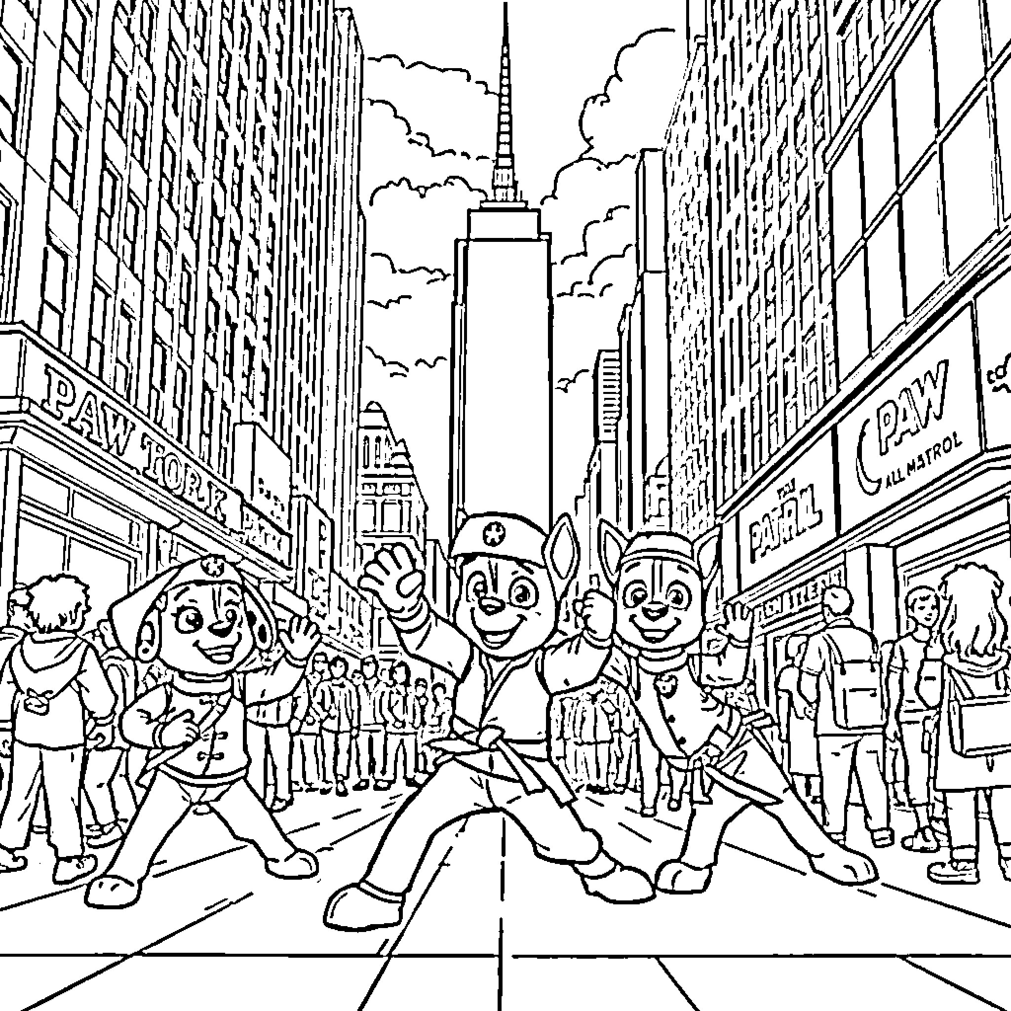 Paw Patrol characters explore the busy city streets Coloring Page (free black-and-white line drawing printable PDF for all, from beginners to advanced learners, including children, teens, adults, and seniors)