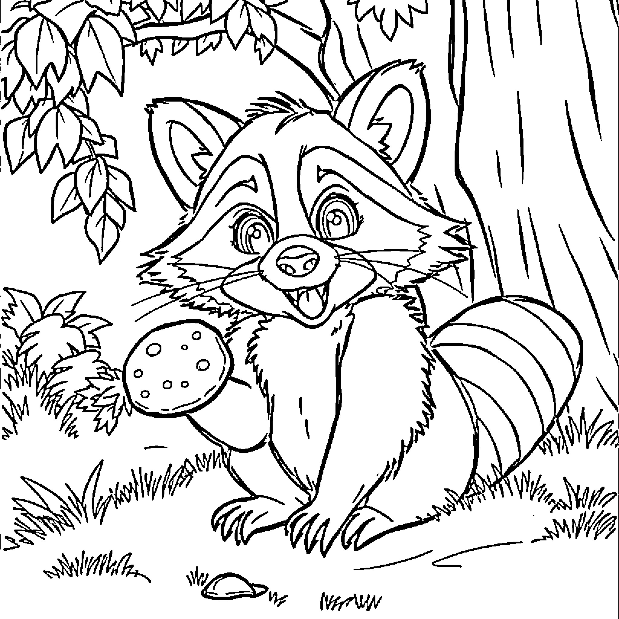 Raccoon exploring the forest with a cookie Coloring Page (free black-and-white line drawing printable PDF for all, from beginners to advanced learners, including children, teens, adults, and seniors)