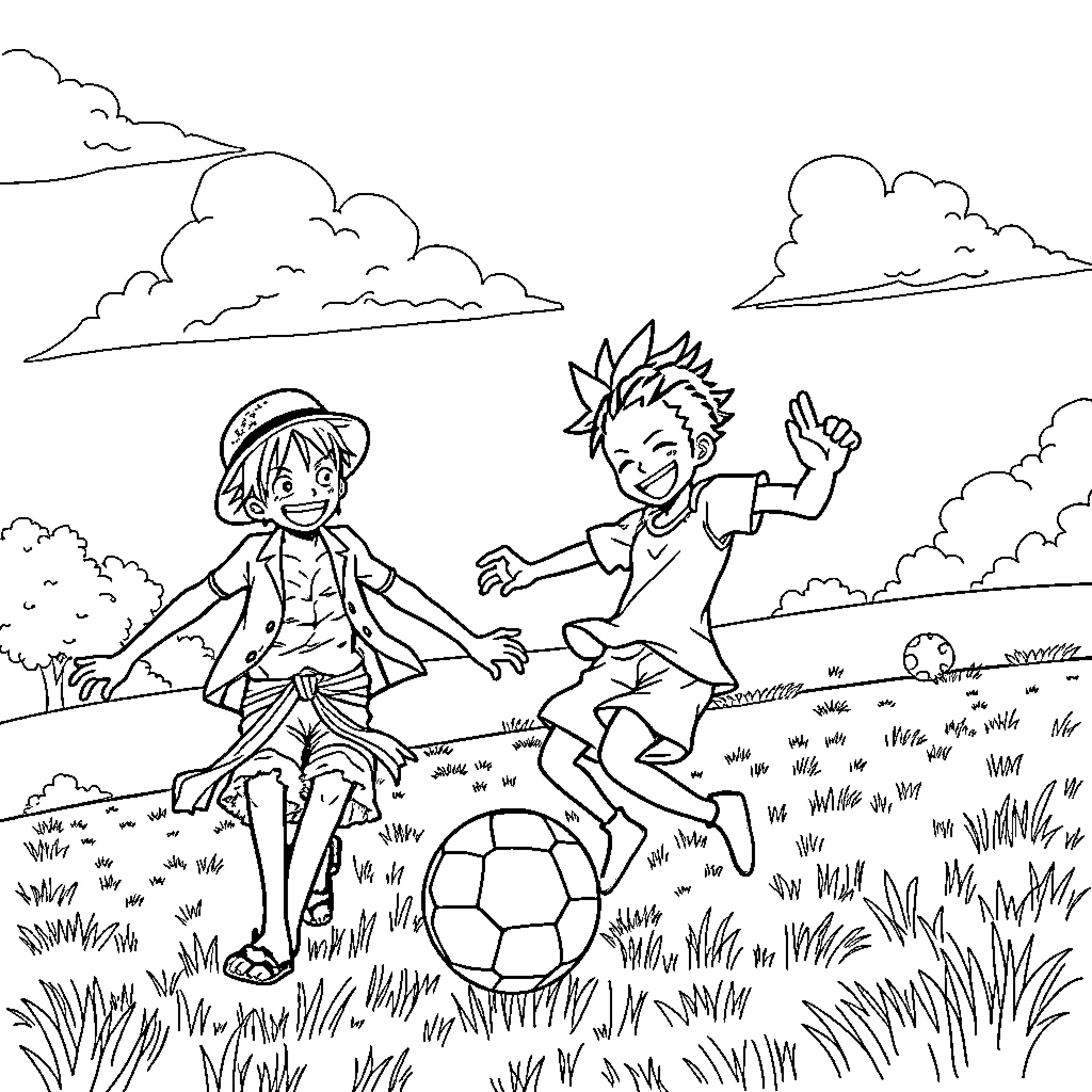 Luffy playing soccer with friend in the countryside Coloring Page (free black-and-white line drawing printable PDF for all, from beginners to advanced learners, including children, teens, adults, and seniors)