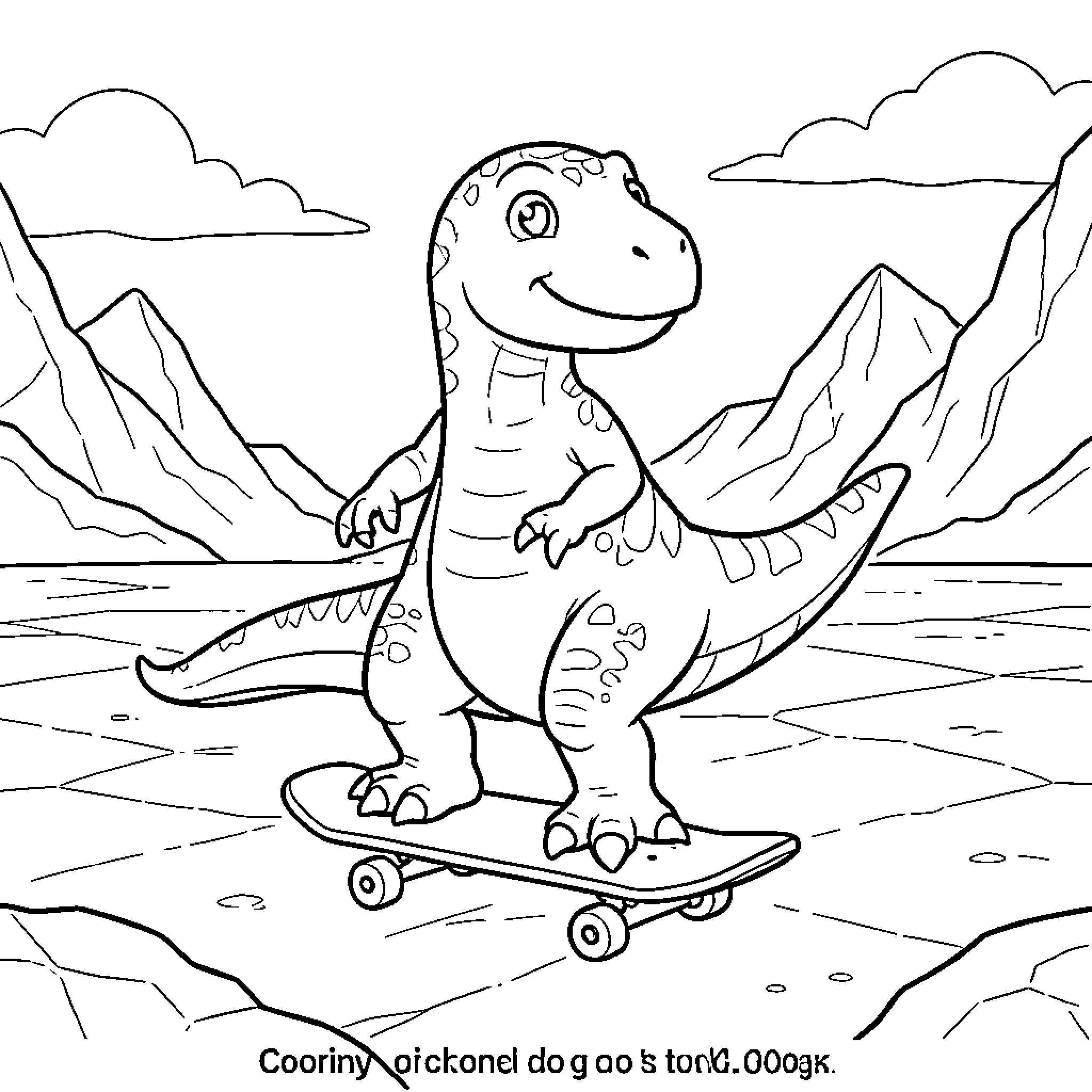 Dinosaur happily riding a skateboard through a landscape Coloring Page (free black-and-white line drawing printable PDF for all, from beginners to advanced learners, including children, teens, adults, and seniors)