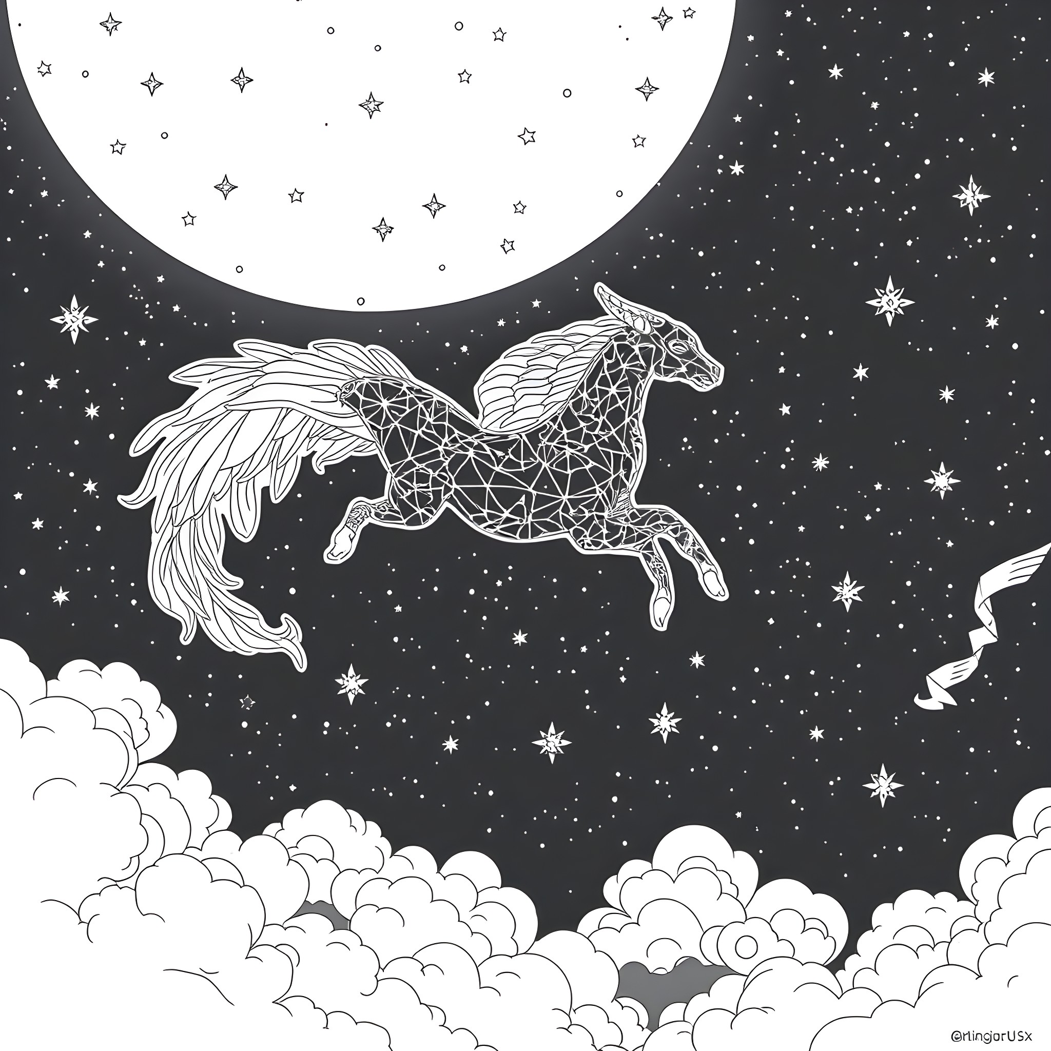 Uktena soaring through the starry night sky Coloring Page (free black-and-white line drawing printable PDF for all, from beginners to advanced learners, including children, teens, adults, and seniors)