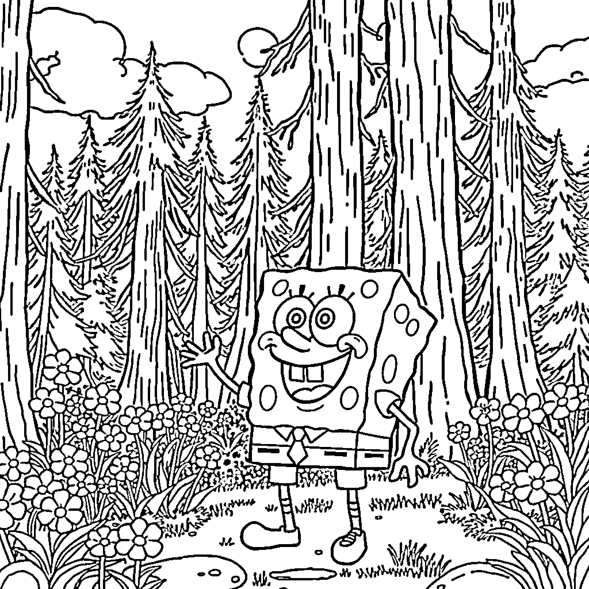 Spongebob exploring the enchanted forest Coloring Page (free black-and-white line drawing printable PDF for all, from beginners to advanced learners, including children, teens, adults, and seniors)