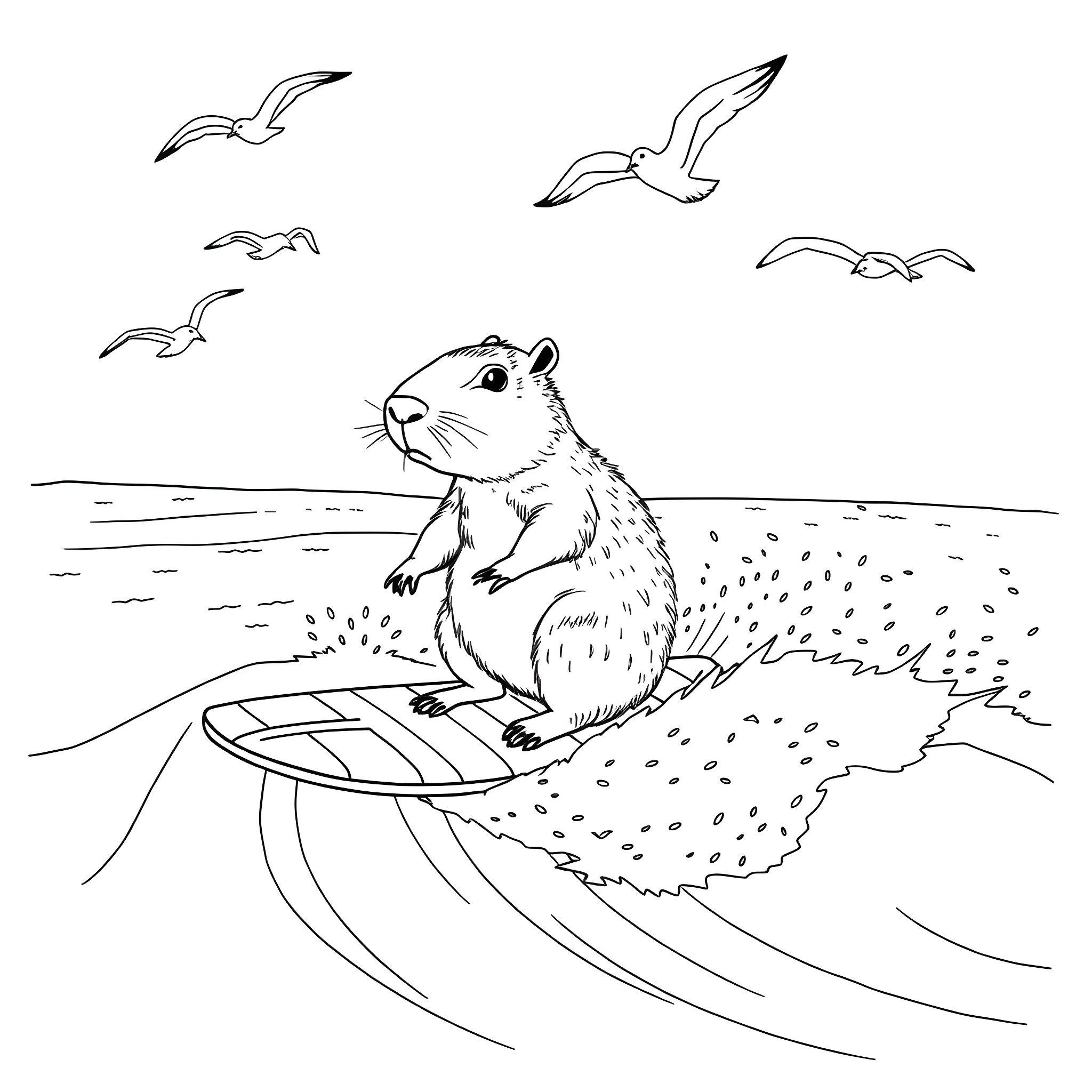Capybara enjoying the beach with seagulls Coloring Page (free black-and-white line drawing printable PDF for all, from beginners to advanced learners, including children, teens, adults, and seniors)