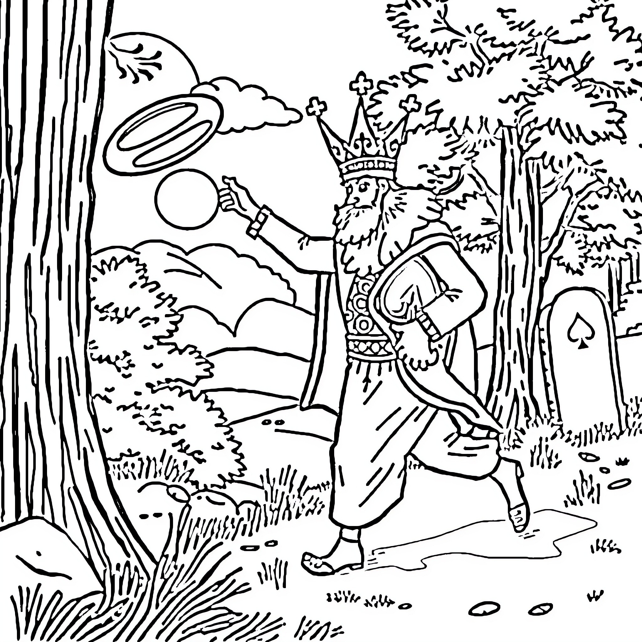 King of Spades exploring the enchanted forest Coloring Page (free black-and-white line drawing printable PDF for all, from beginners to advanced learners, including children, teens, adults, and seniors)