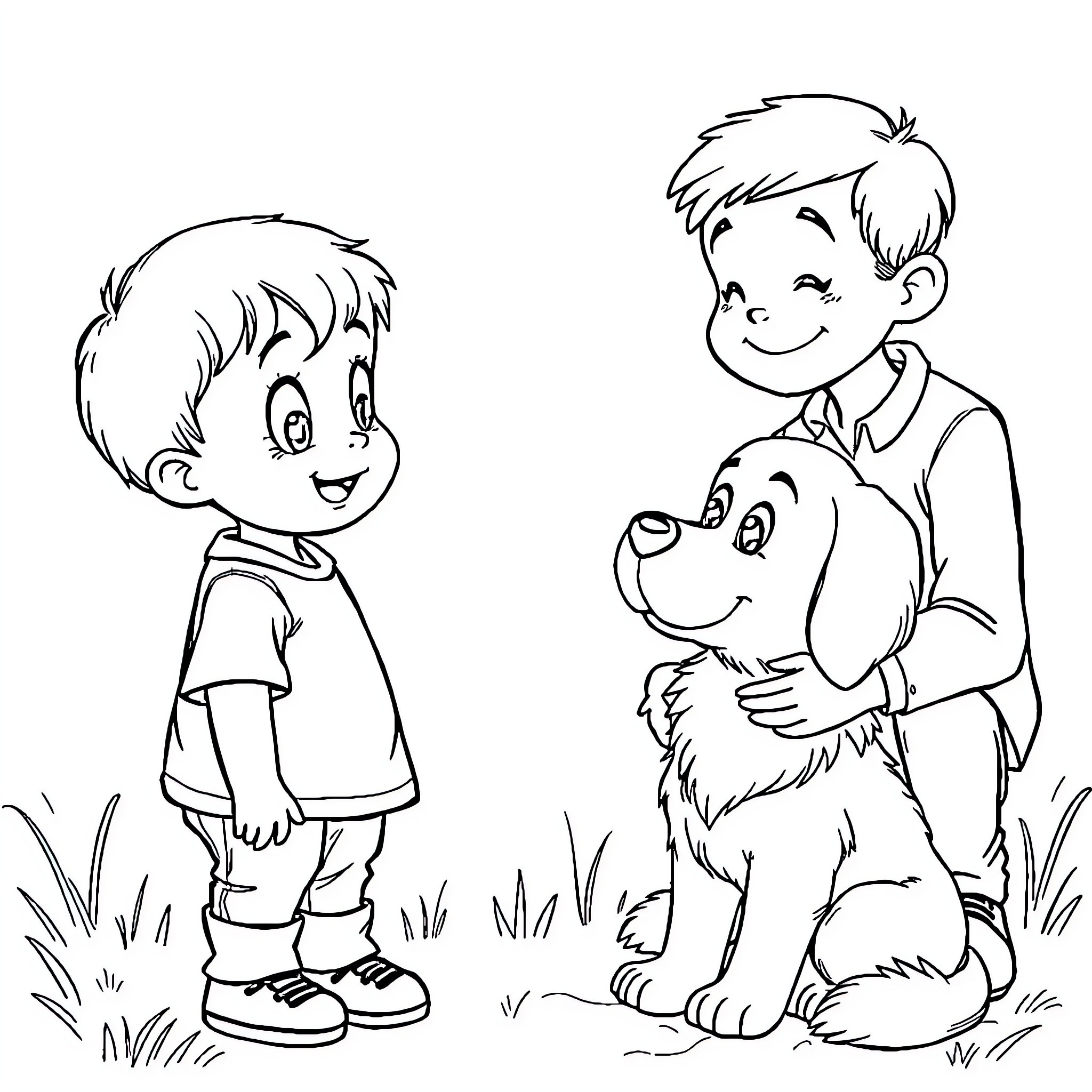 Kid playing happily with loyal pet dog Coloring Page (free black-and-white line drawing printable PDF for all, from beginners to advanced learners, including children, teens, adults, and seniors)