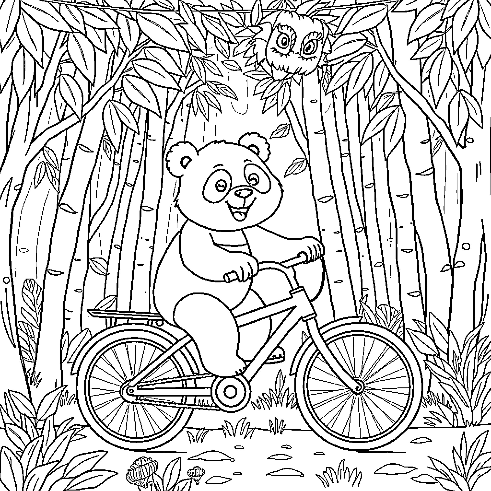 Panda riding a bicycle through the forest Coloring Page (free black-and-white line drawing printable PDF for all, from beginners to advanced learners, including children, teens, adults, and seniors)